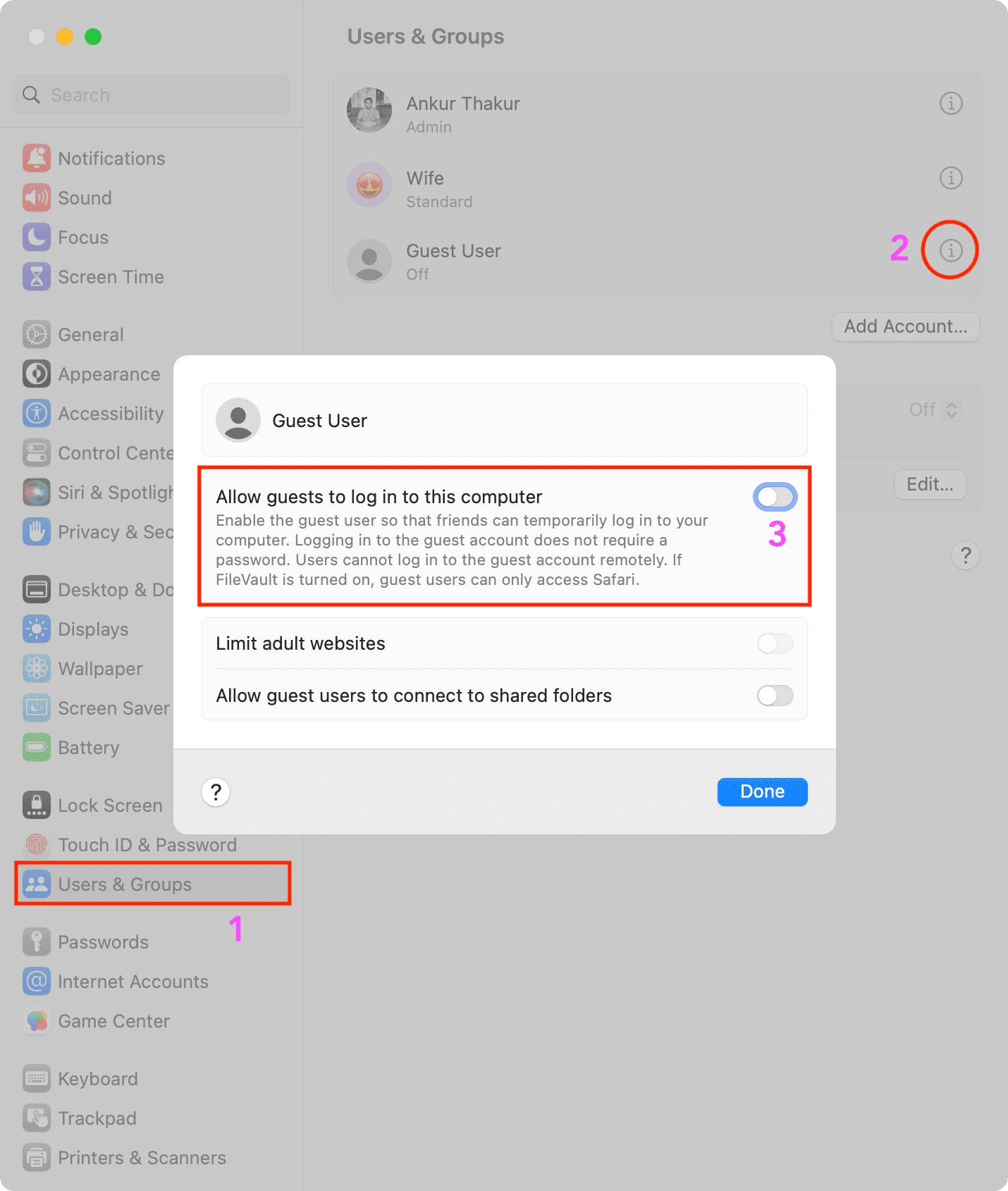 Turn off Allow guests to log in to this computer in Mac System Settings
