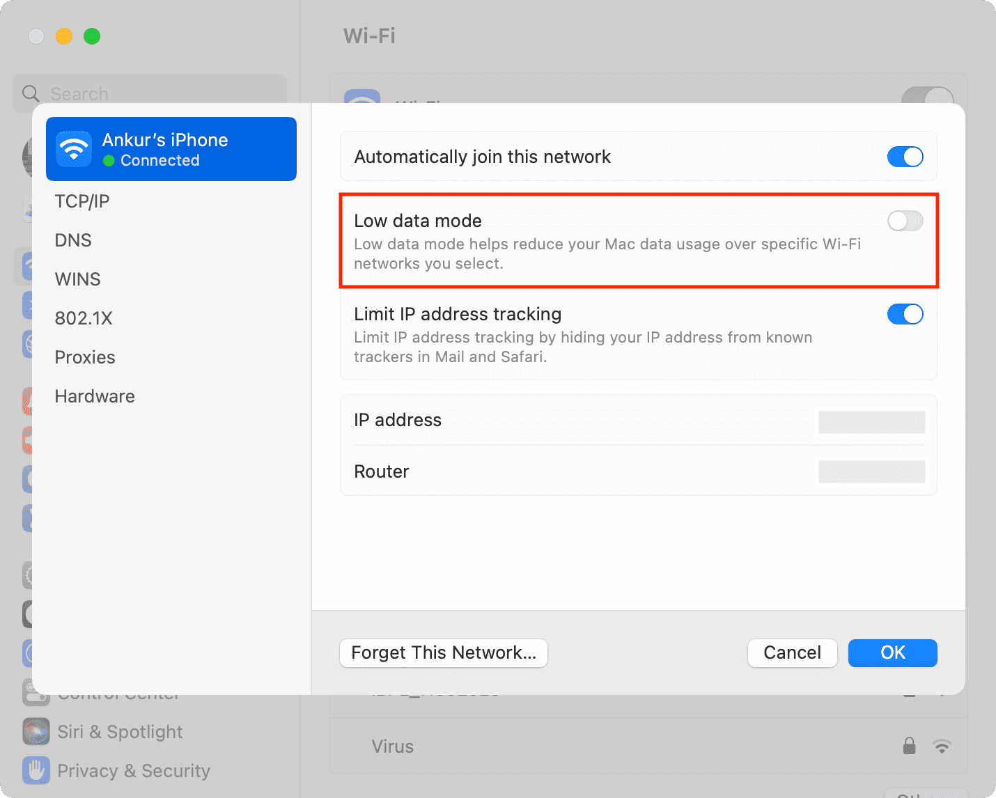 Turn off Low data mode on Mac
