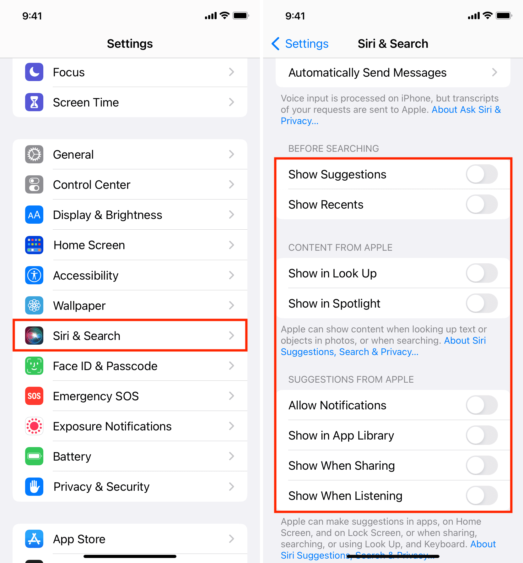 Turn off all Search settings on iPhone