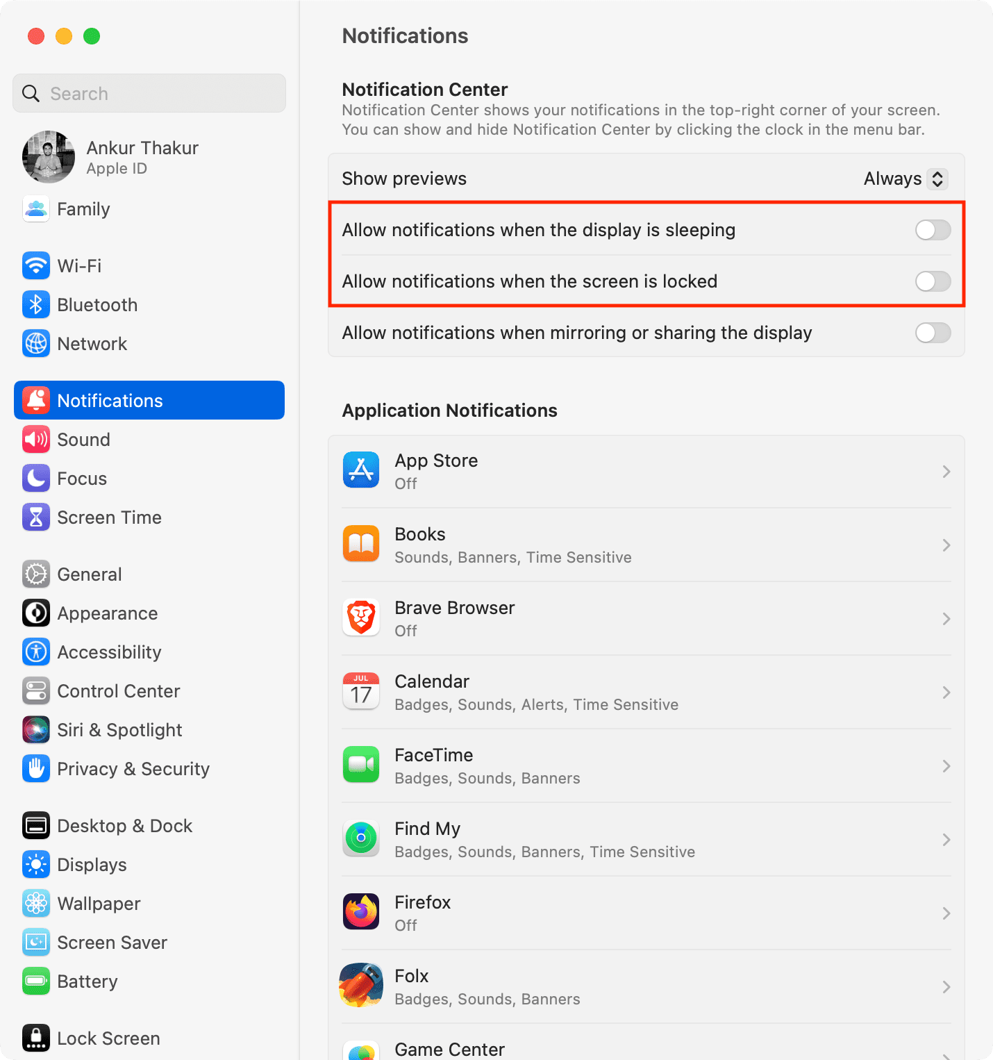 Turn off notifications on Mac Lock Screen