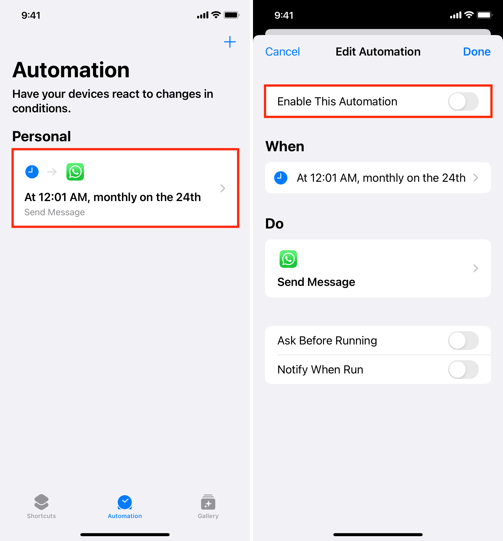 Turn off scheduled WhatsApp message automation