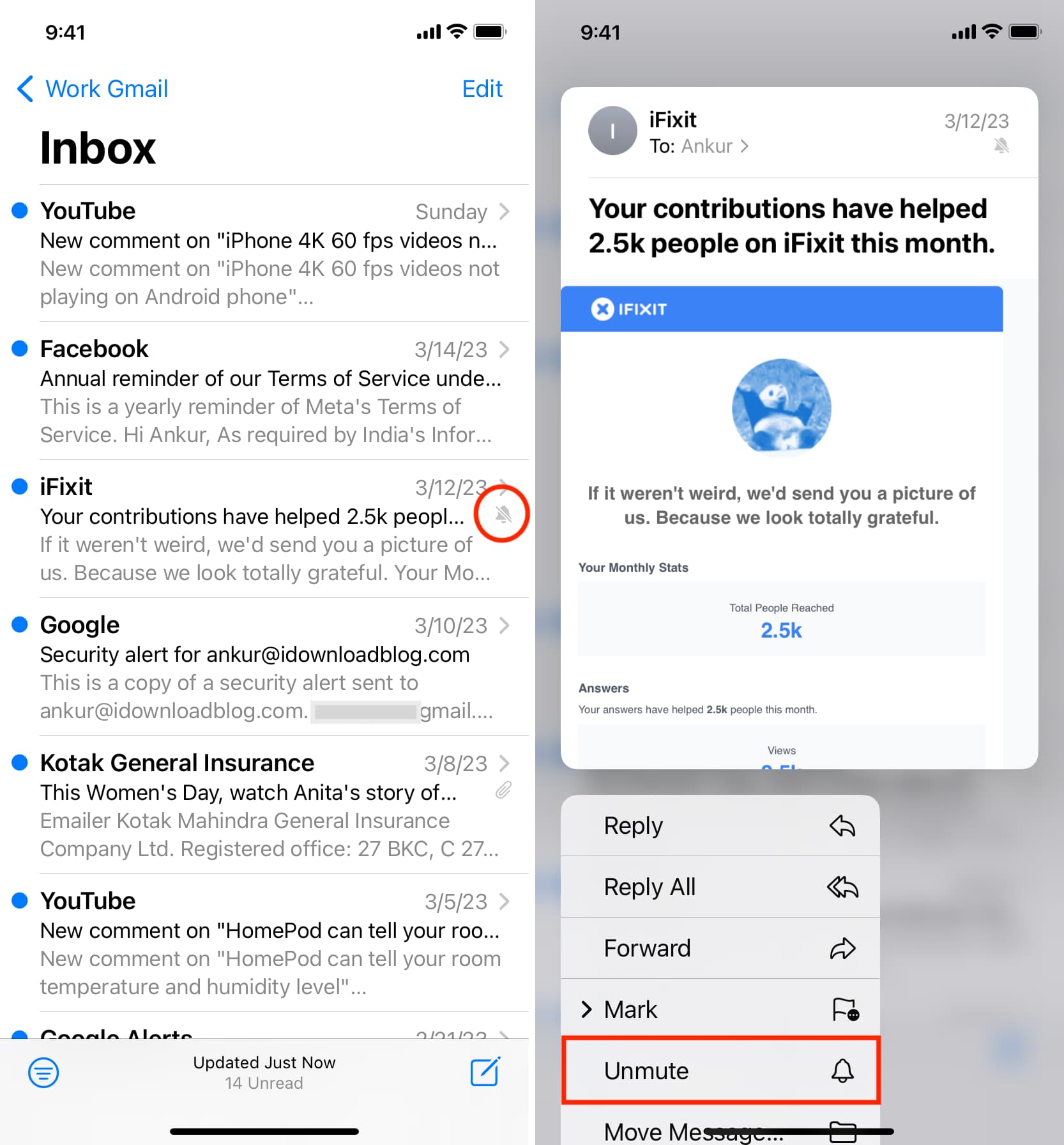 Unmute email thread in iPhone Mail app to get notified of new emails