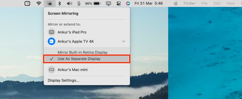 Use Apple TV as separate display for Mac