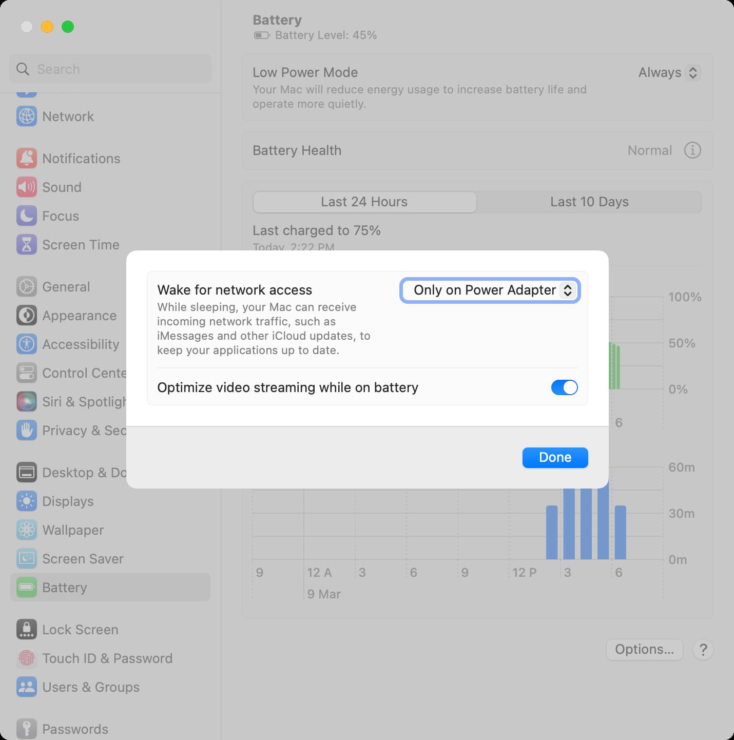 Wake for network access in MacBook's battery settings