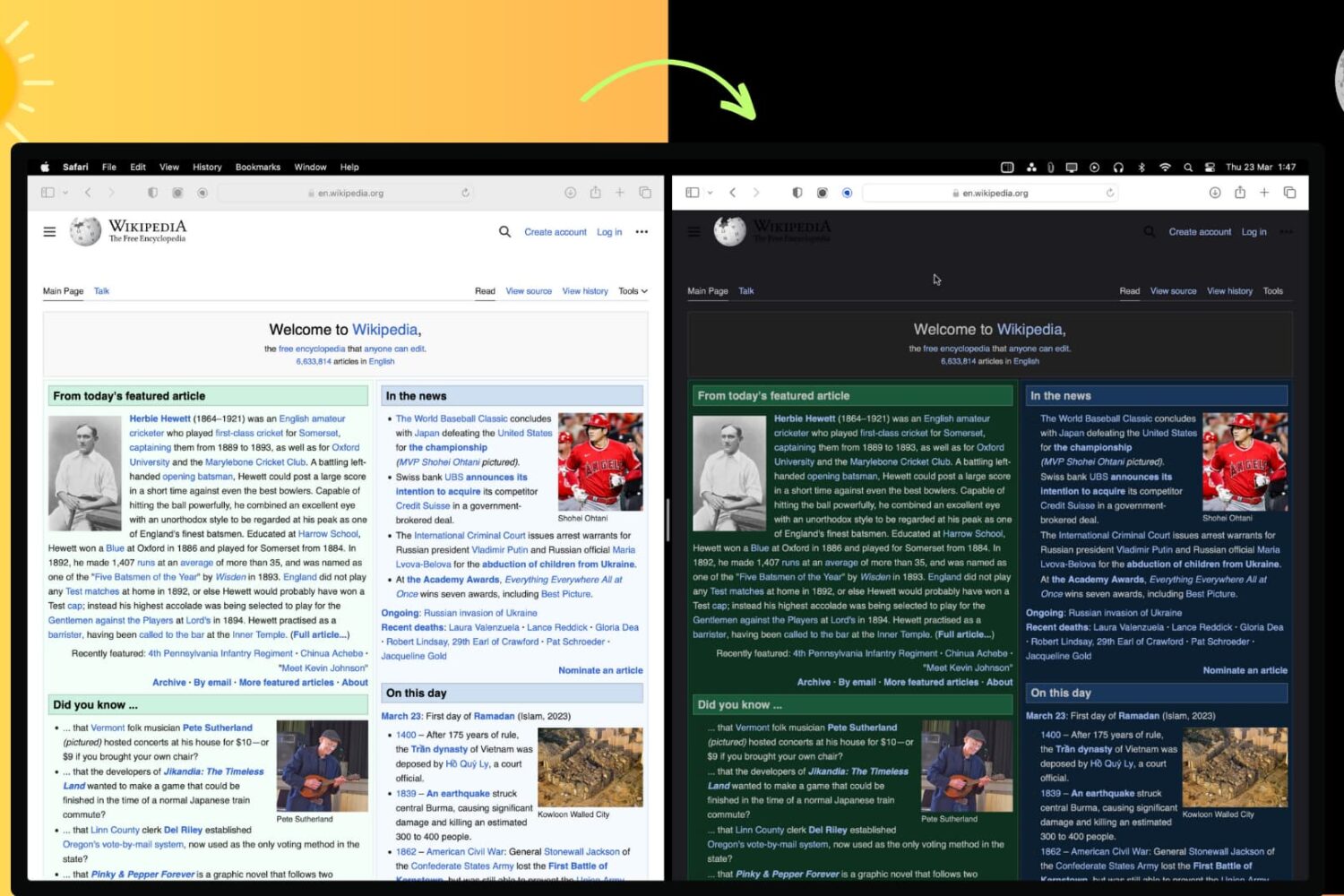 Same website in Light and Dark Mode in Safari on Mac