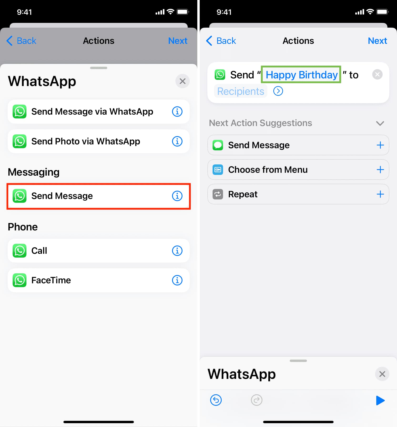 Select WhatsApp Send Message action and add your text you want to schedule