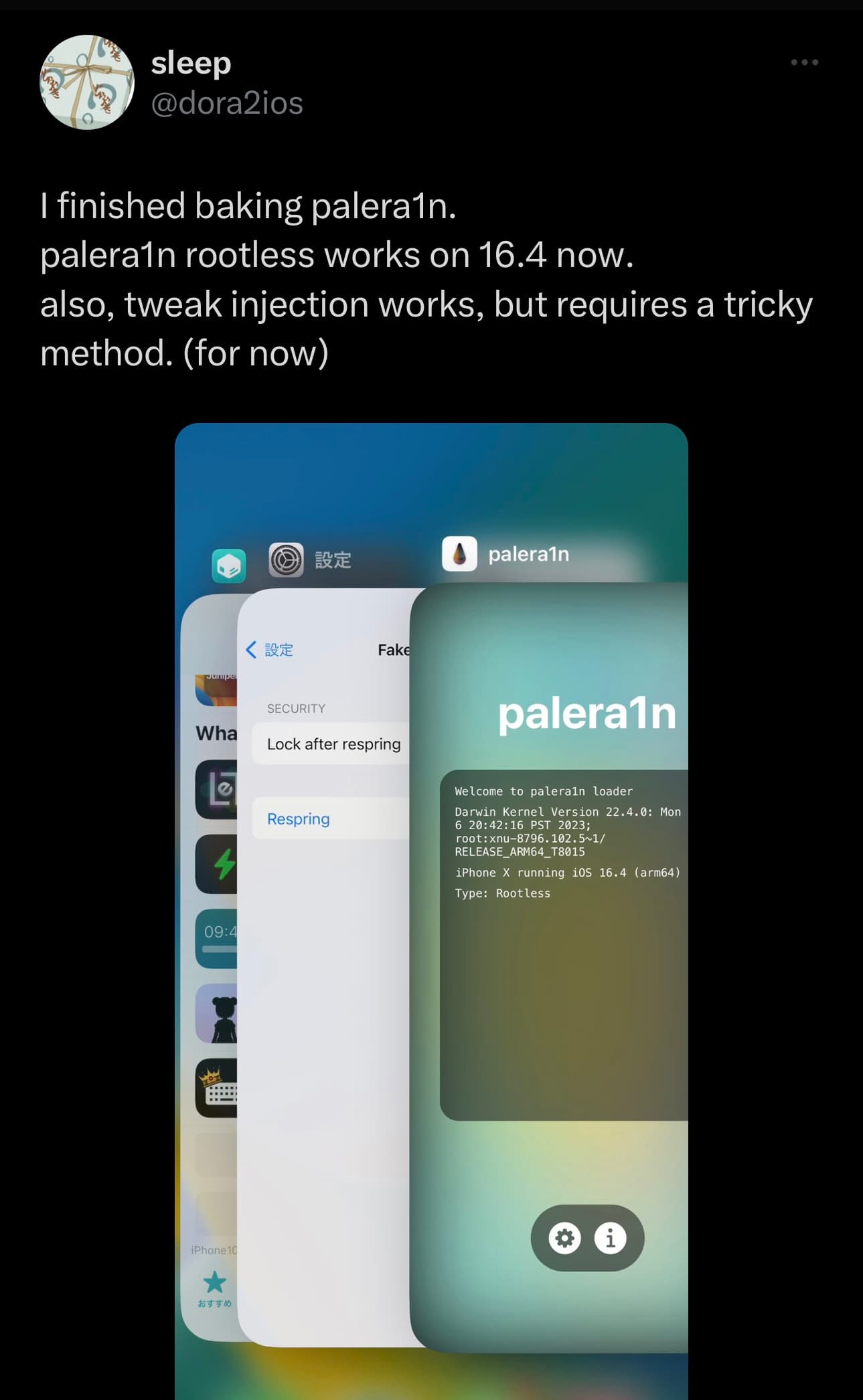 dora2ios discusses palera1n iOS 16.4 support rootless.