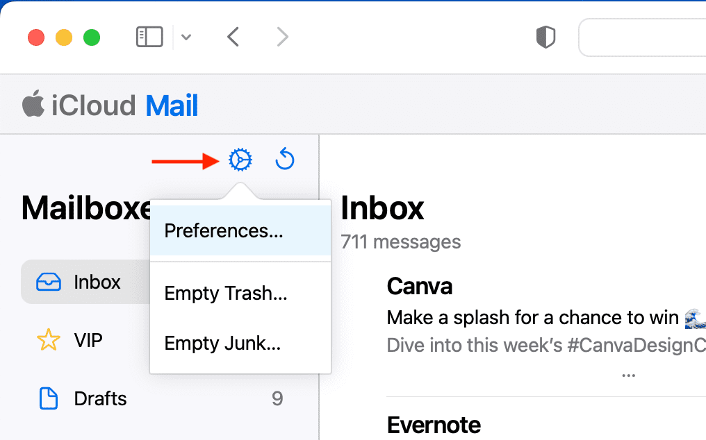 Preferences in iCloud Mail on web