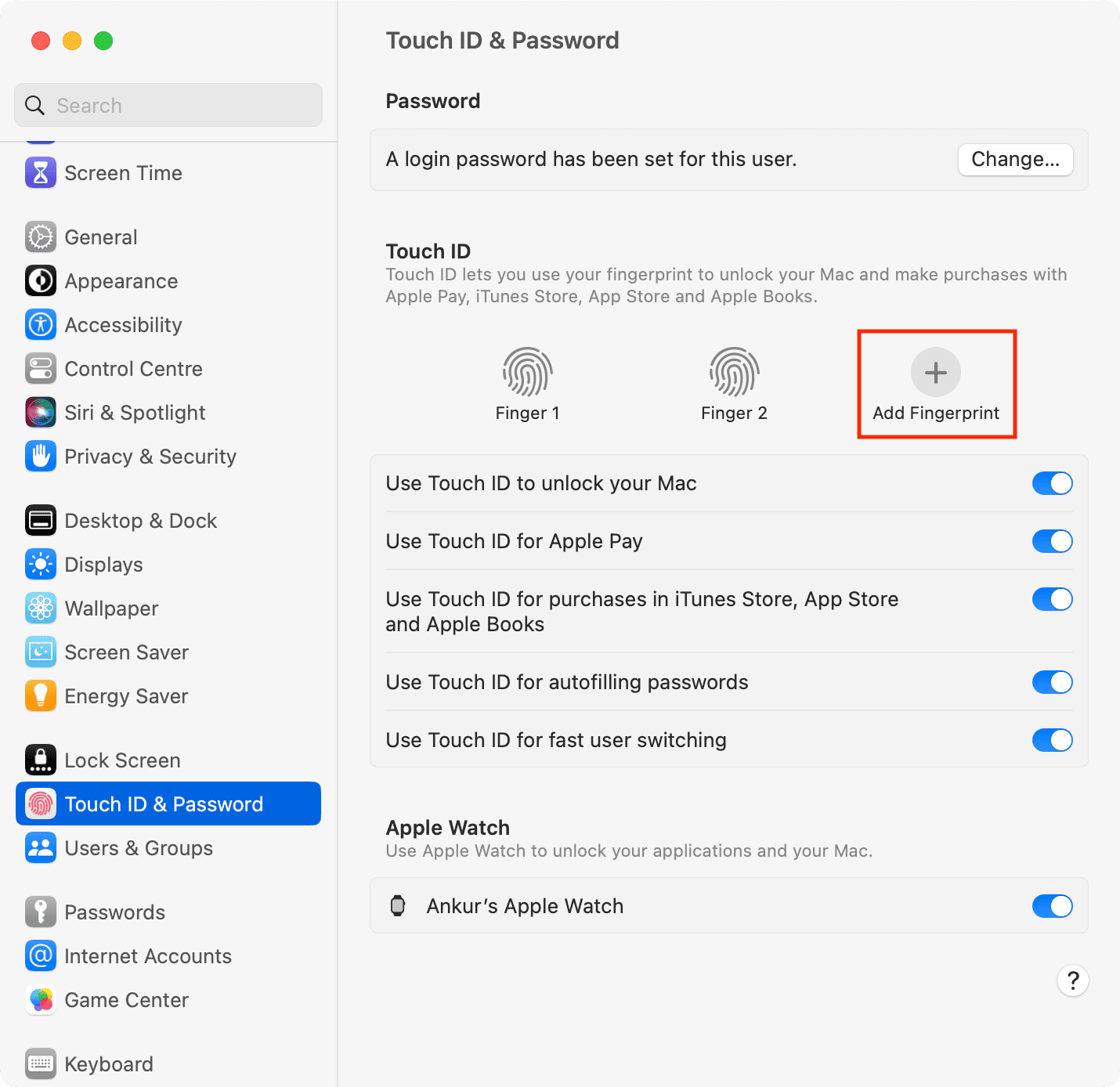 Add fingerprint to Touch ID on Mac