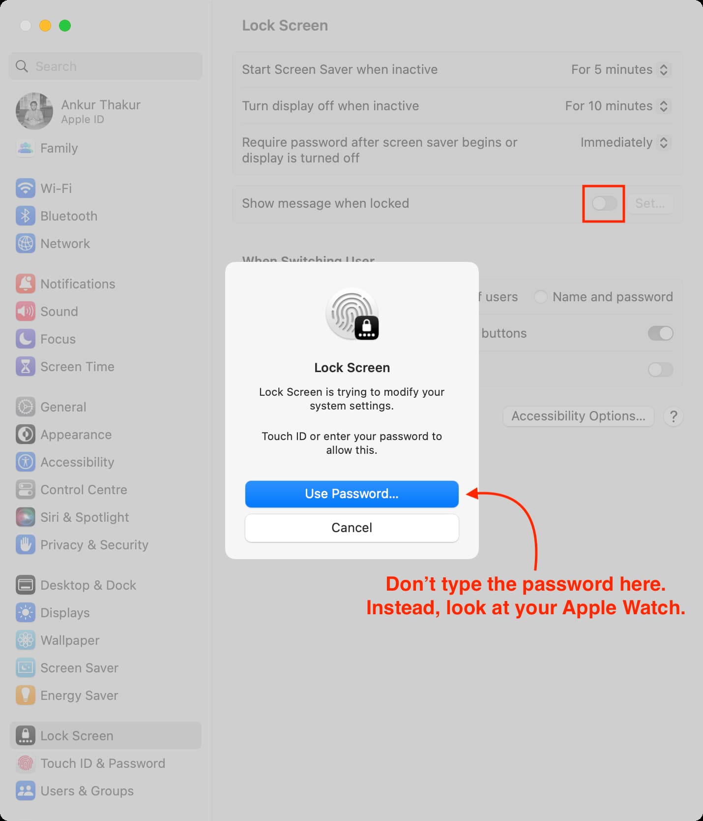Alert to enter password to authenticate in Mac System Settings