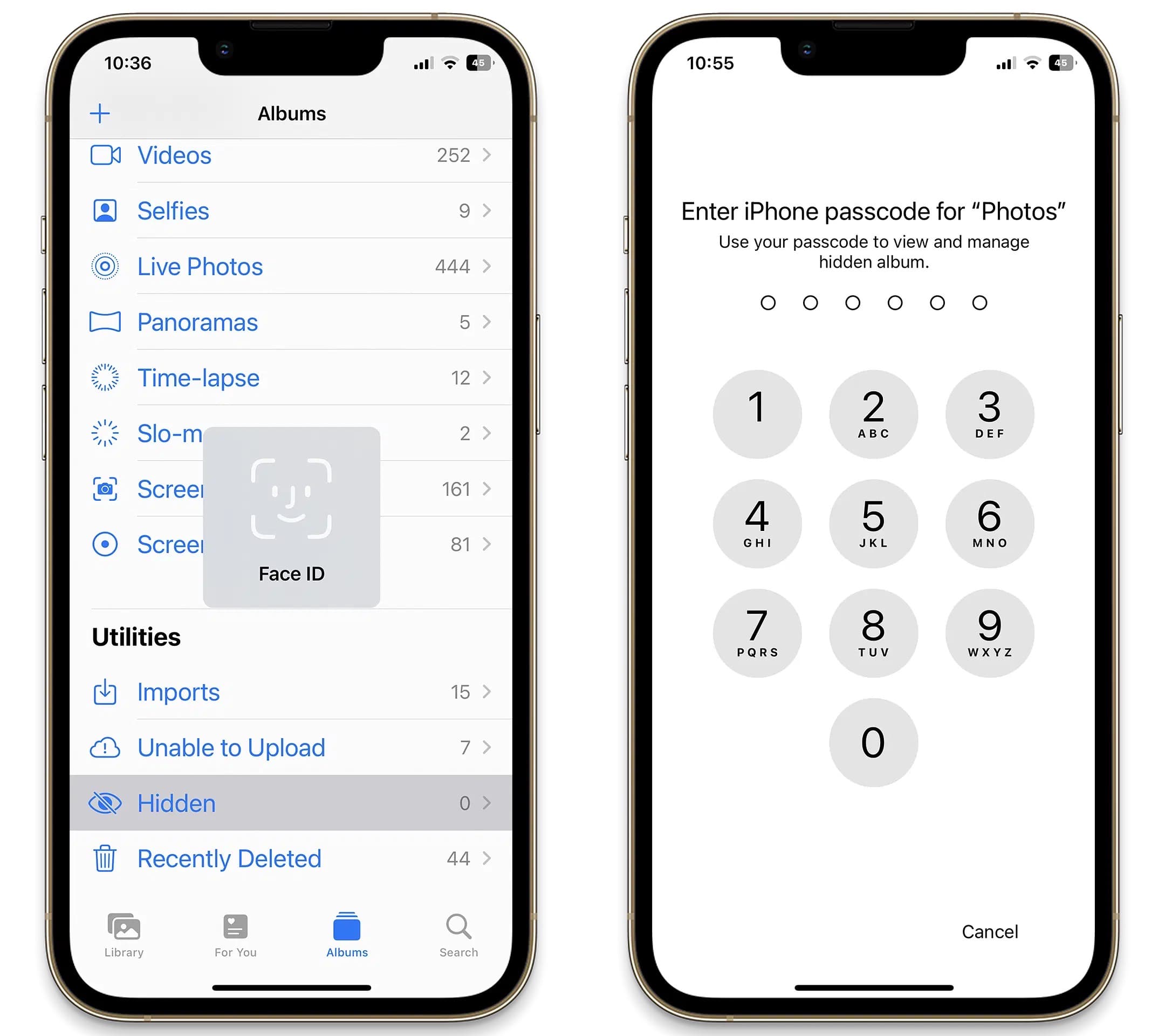 Anouk requires biometric or passcode authentication to access the Hidden album on pwned iOS 15 devices
