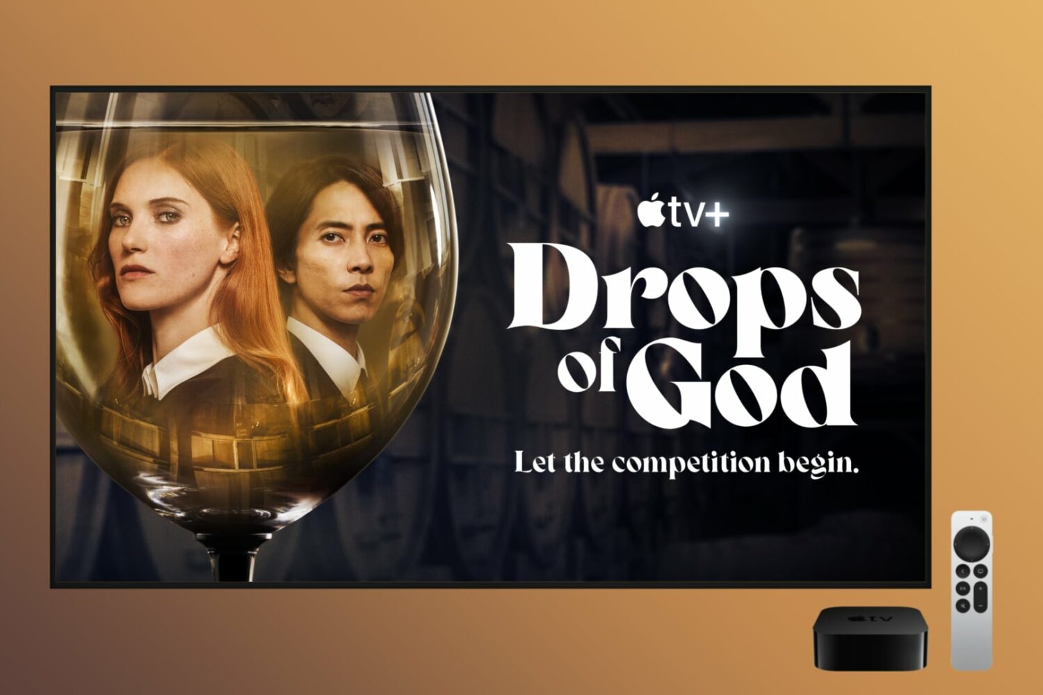 Poster artwork for the Apple TV+ series "Drops of God" about the gastronomy and fine wines in Tokyo