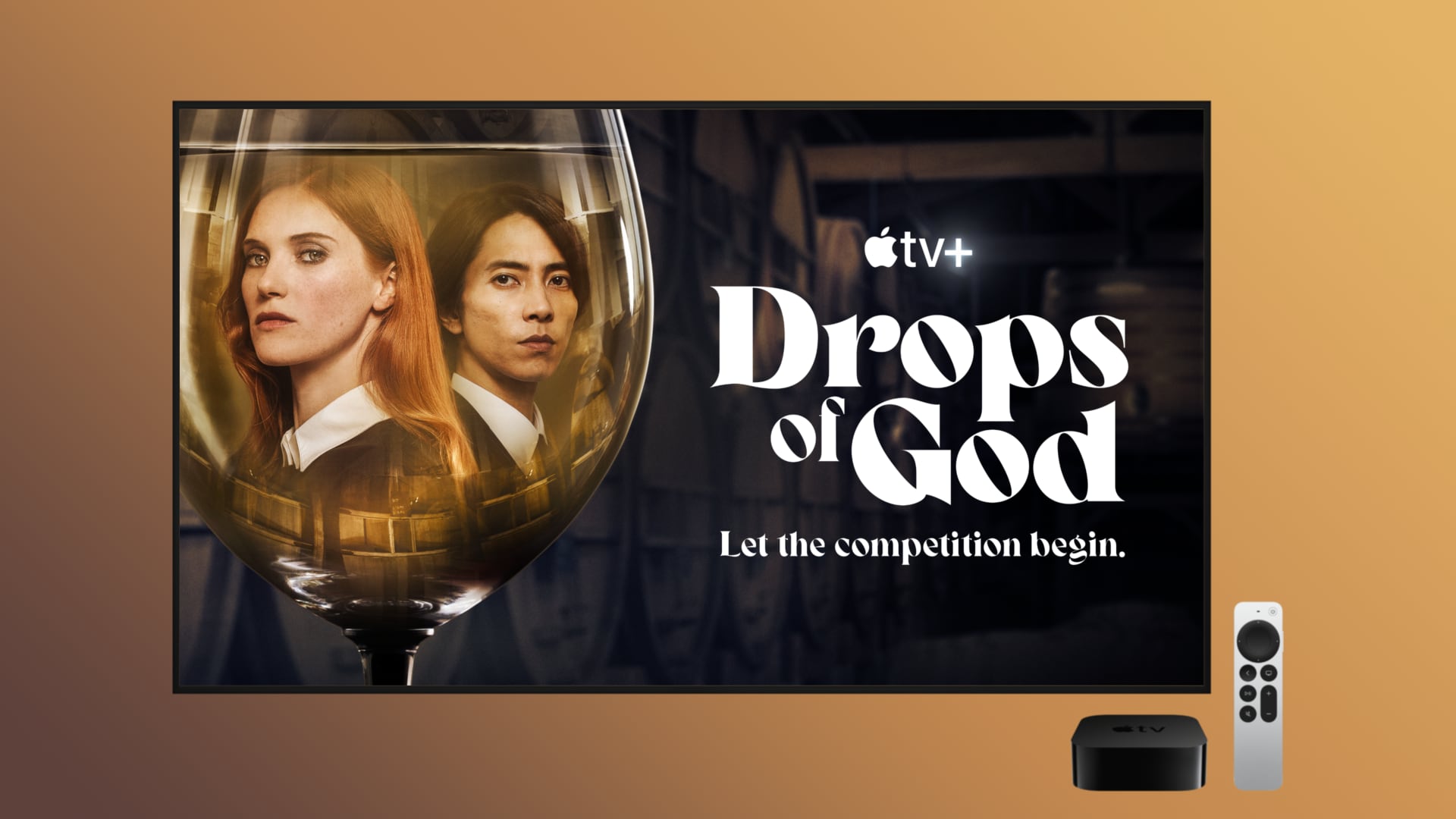 Poster artwork for the Apple TV+ series "Drops of God" about the gastronomy and fine wines in Tokyo