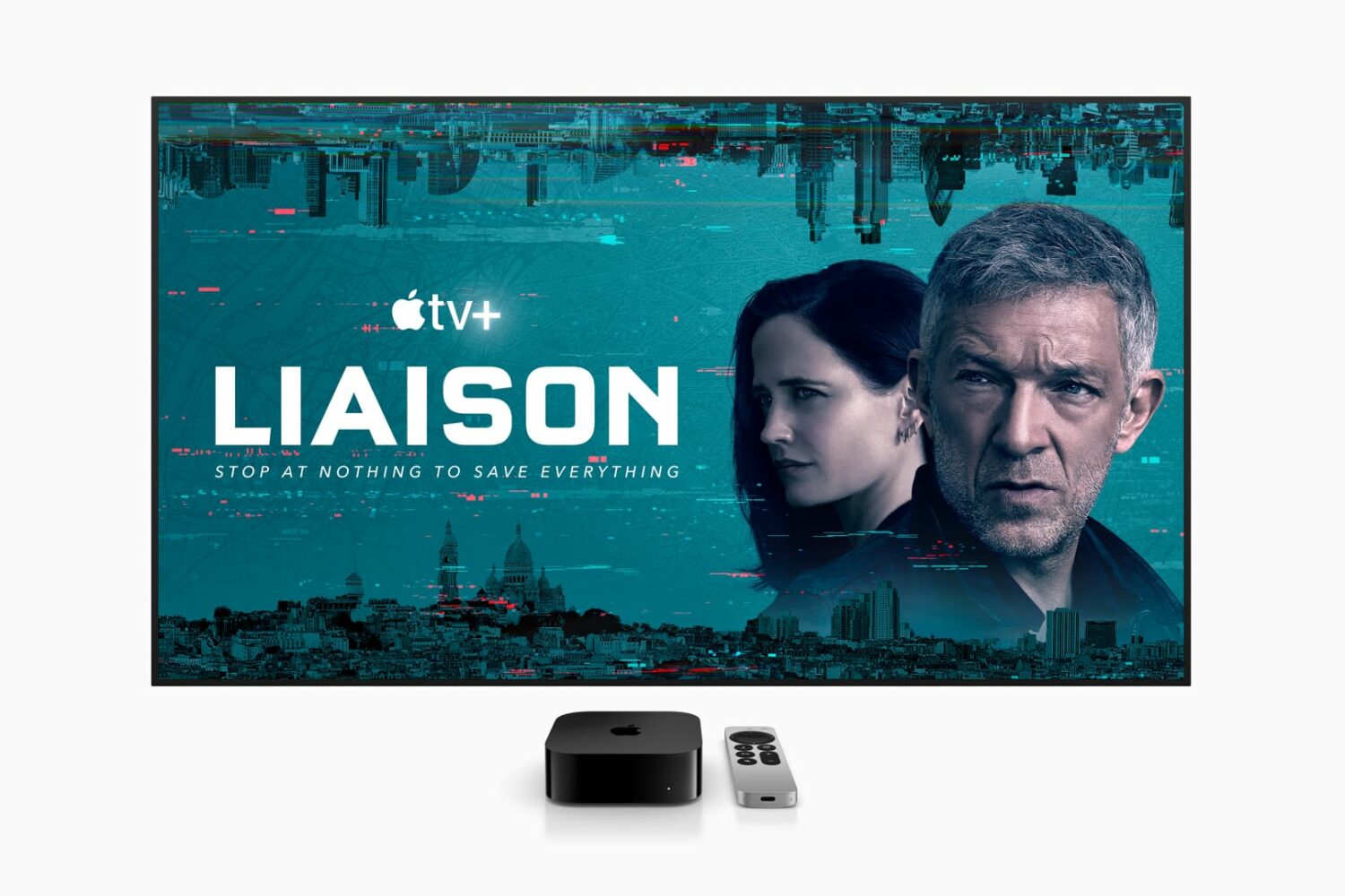 Apple TV, Siri Remote and the "Liason" Apple TV+ film displayed on a TV set
