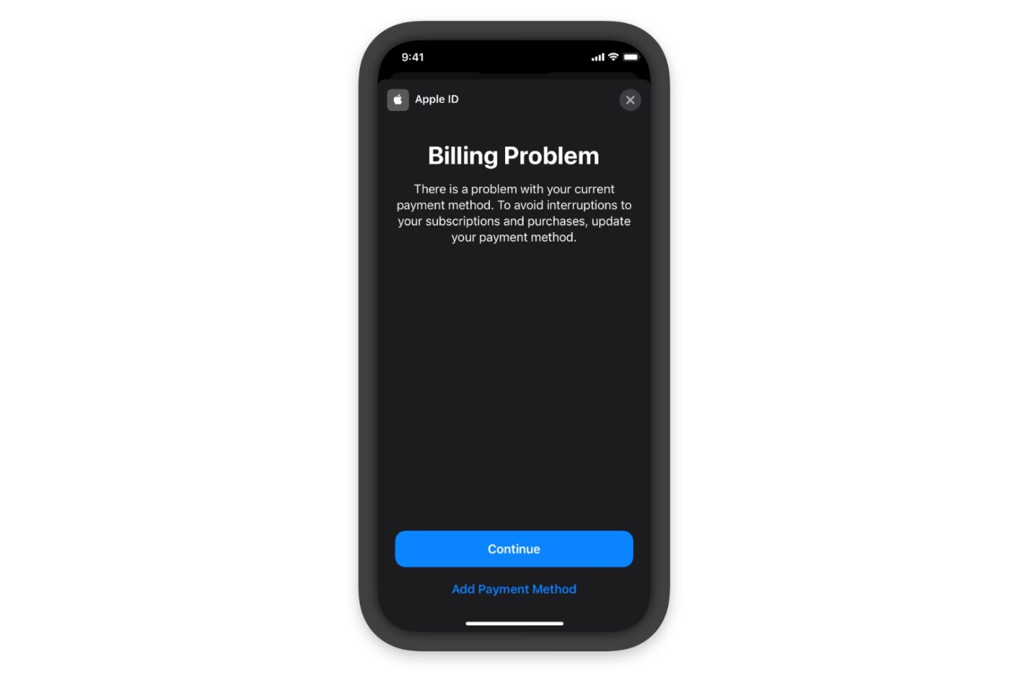 A prompt in a generic iPhone app warning the user about a subscription billing problem