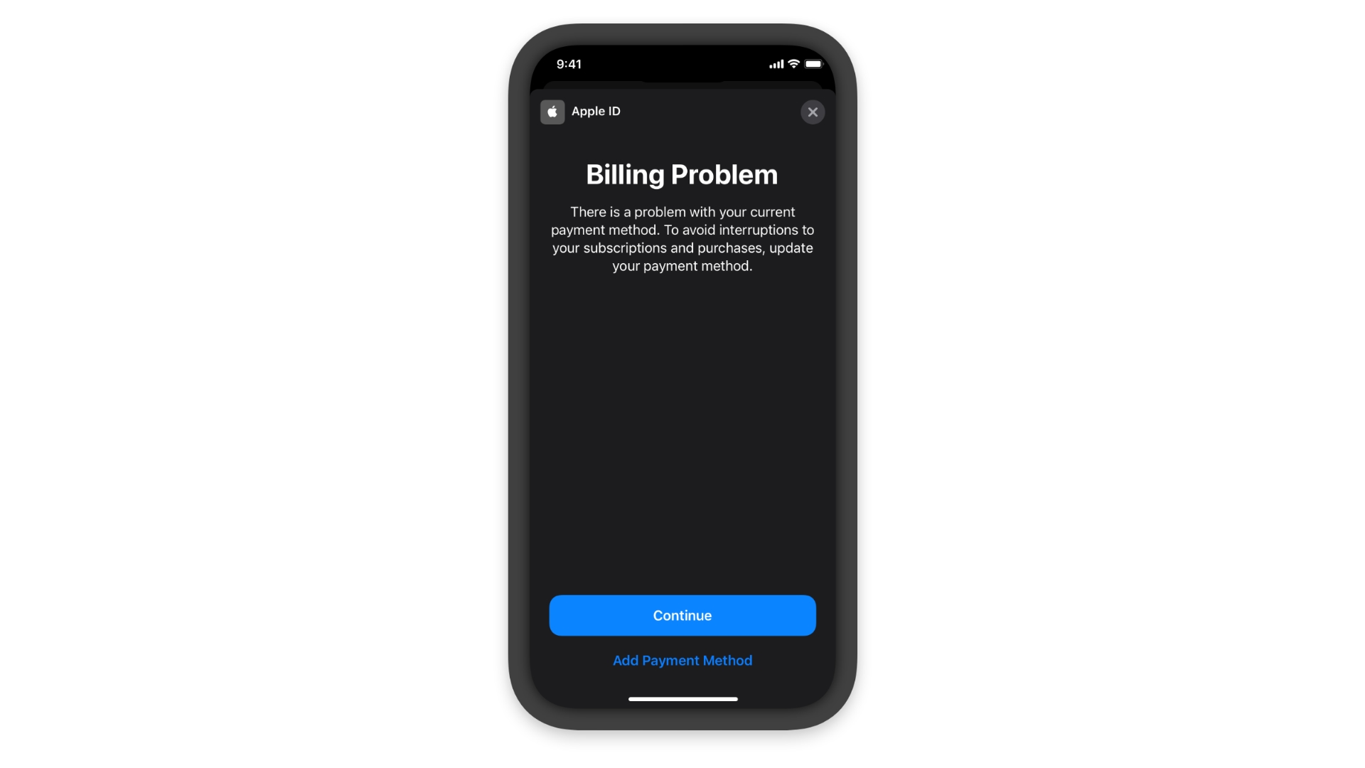 A prompt in a generic iPhone app warning the user about a subscription billing problem 