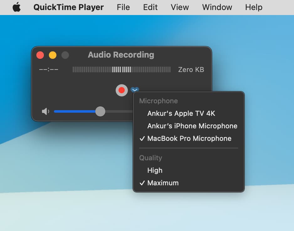 Audio recording in QuickTime Player on Mac