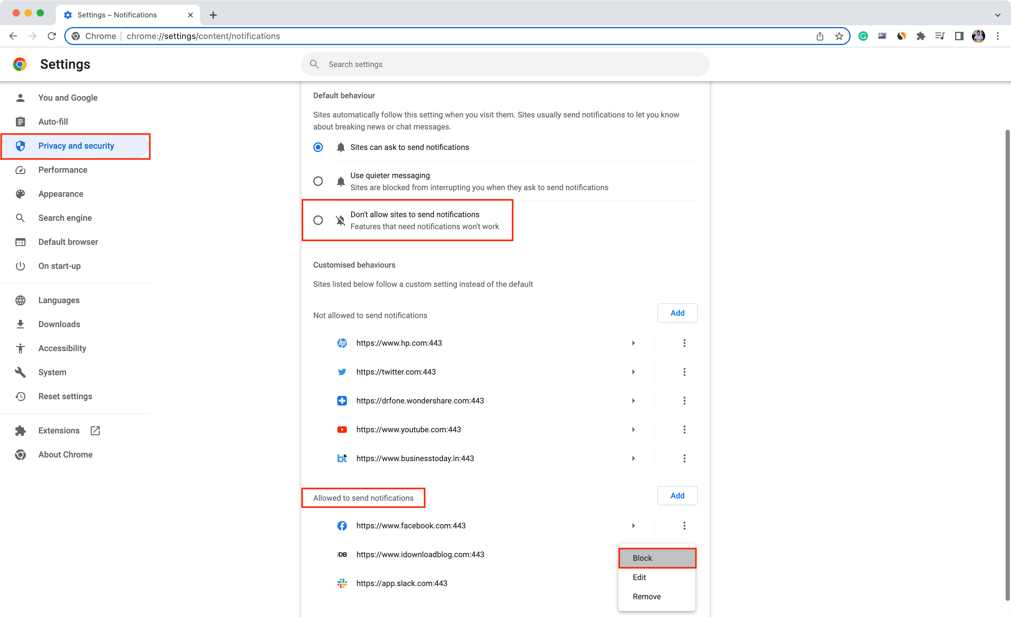 Block notifications for websites in Chrome notifications settings