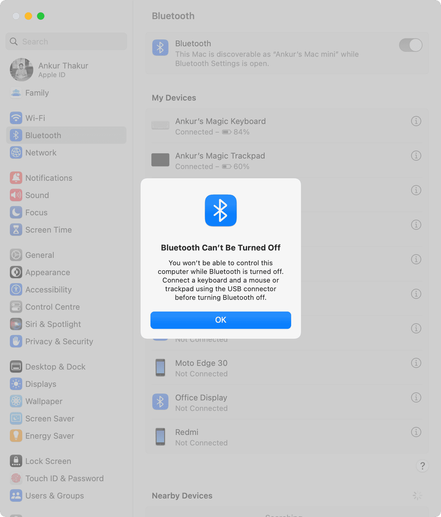Bluetooth Can't Be Turned Off message on Mac
