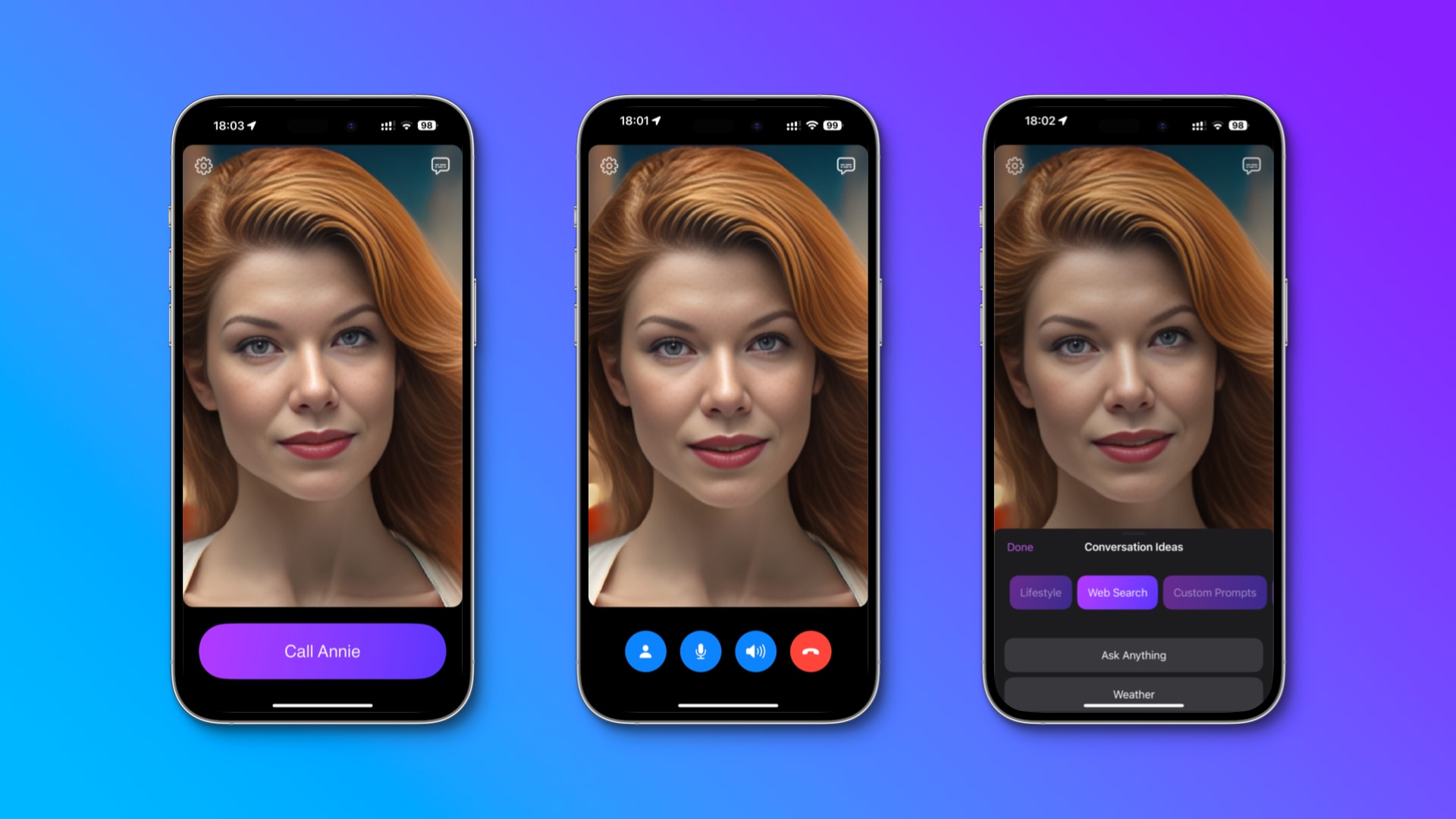 Three iPhone screenshots showing the ChatGPT-based AI avatar in the Call Annie app