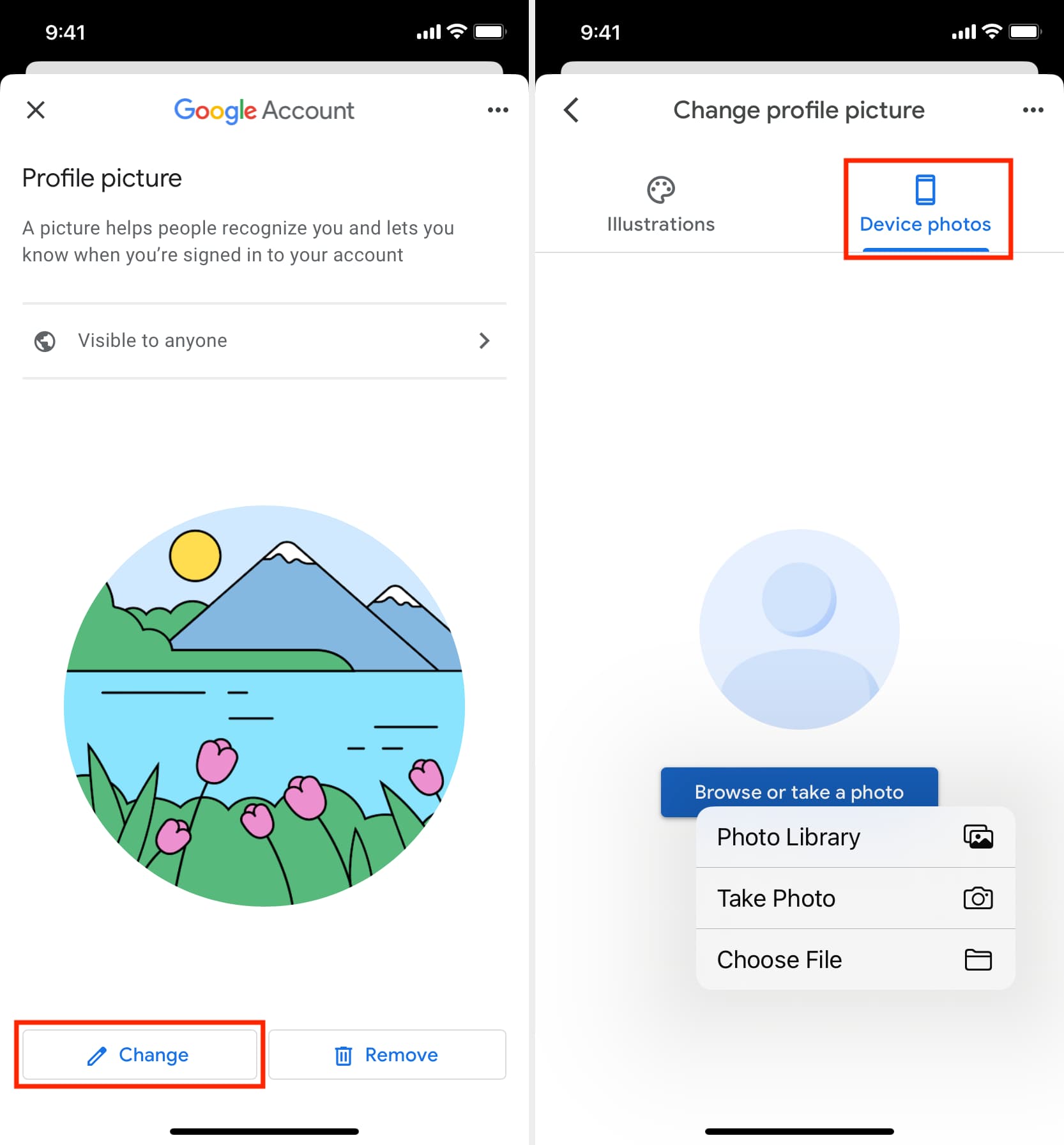 Change your Google profile picture and pick one from Photos app