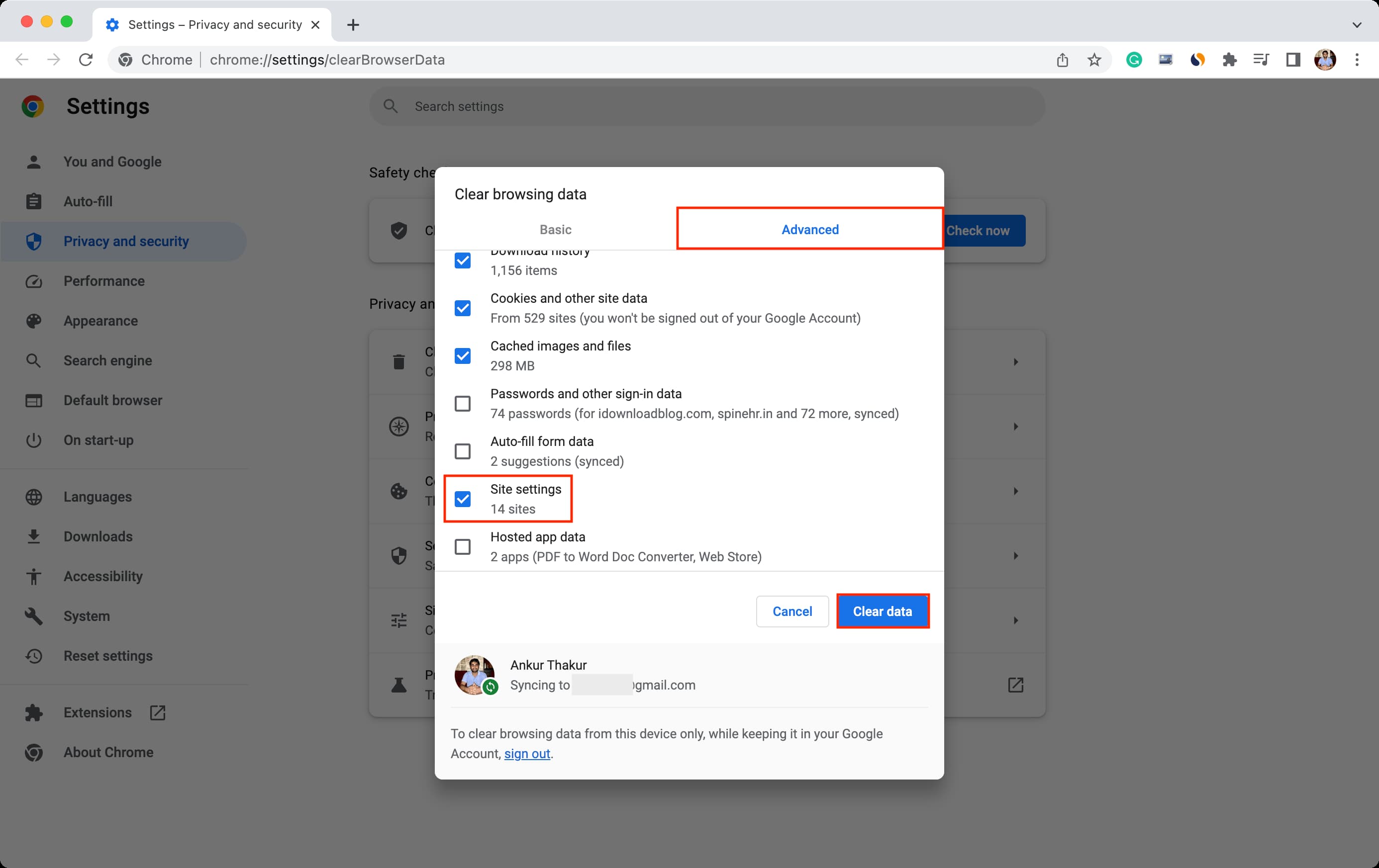 Clear advanced history from Chrome Settings