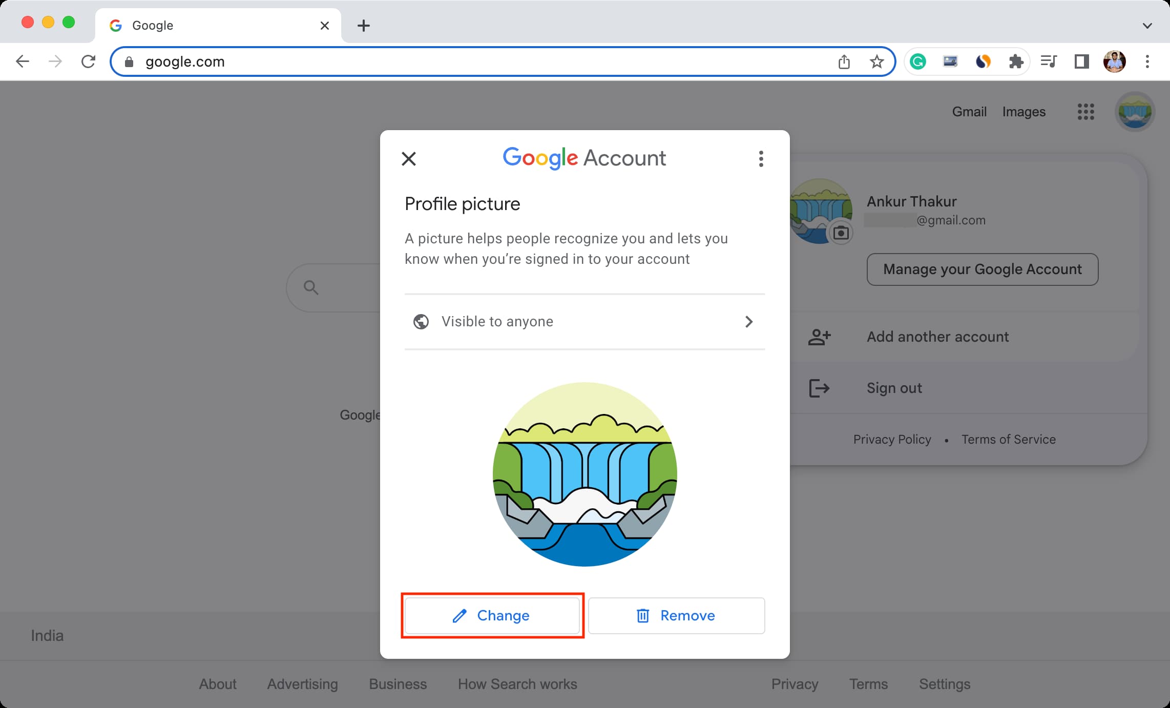 Click Change to use a different profile picture for your Google account