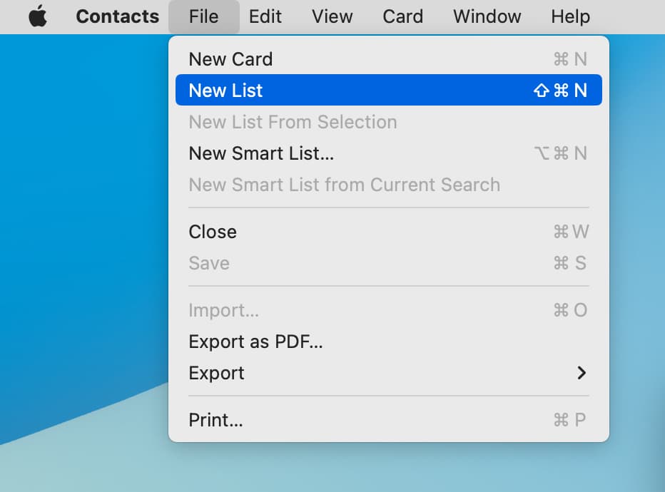 Create New List in Mac Contacts app