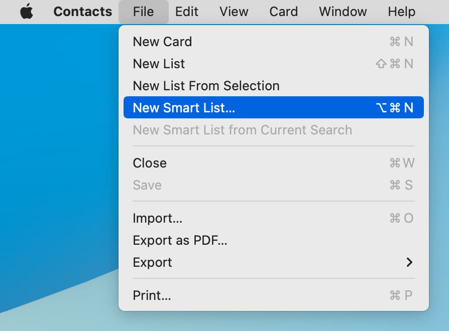 Create New Smart List in Mac Contacts app