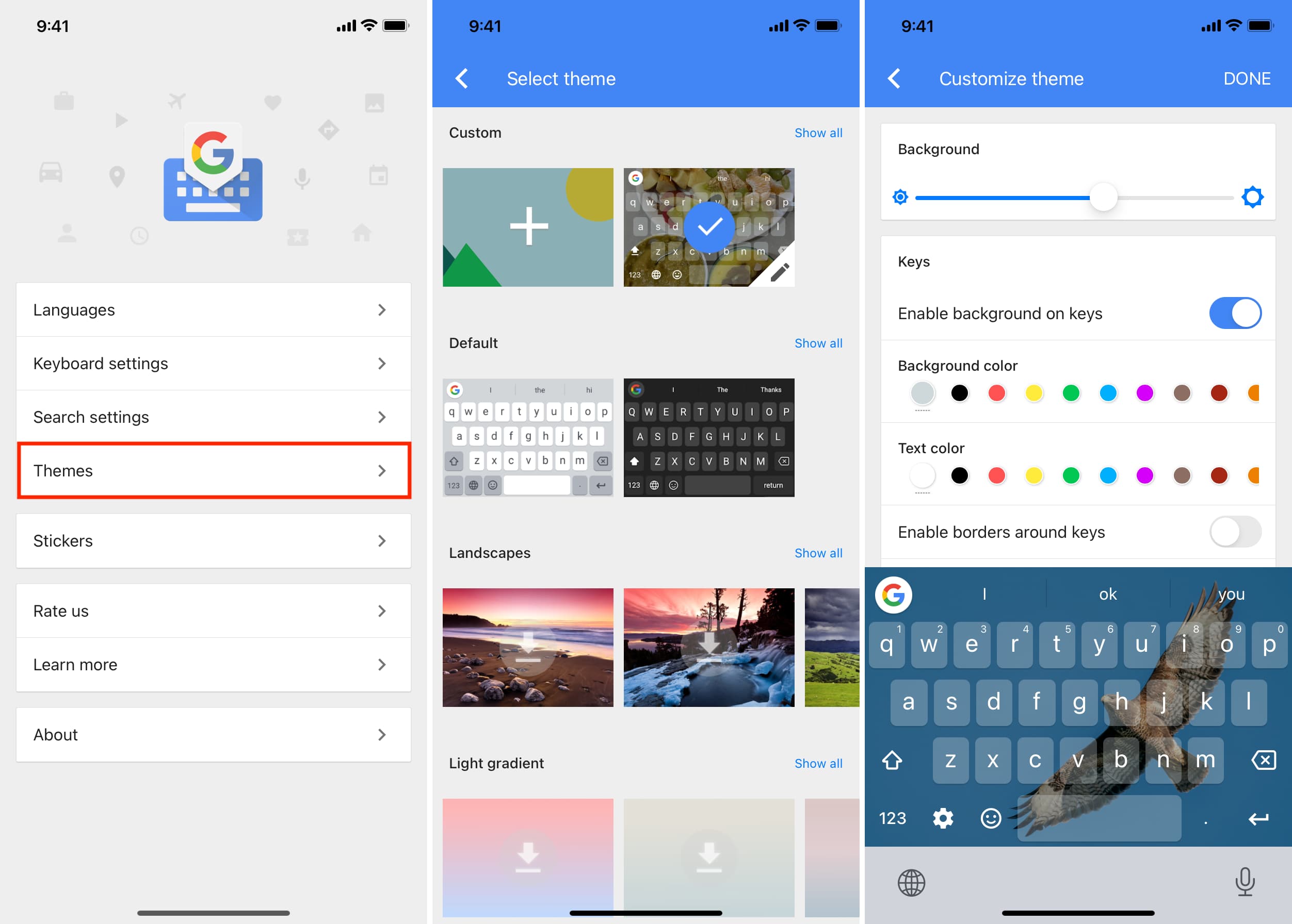 Custom theme and color settings for Gboard on iPhone