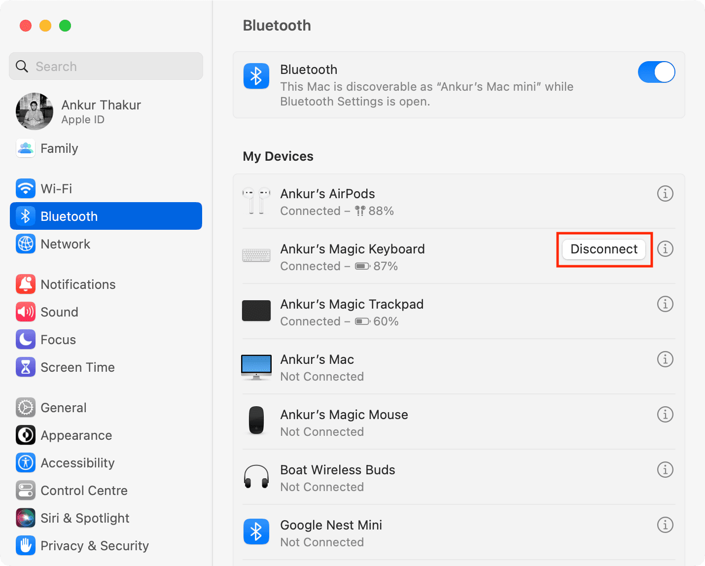 Disconnect Magic Keyboard from Mac Bluetooth settings