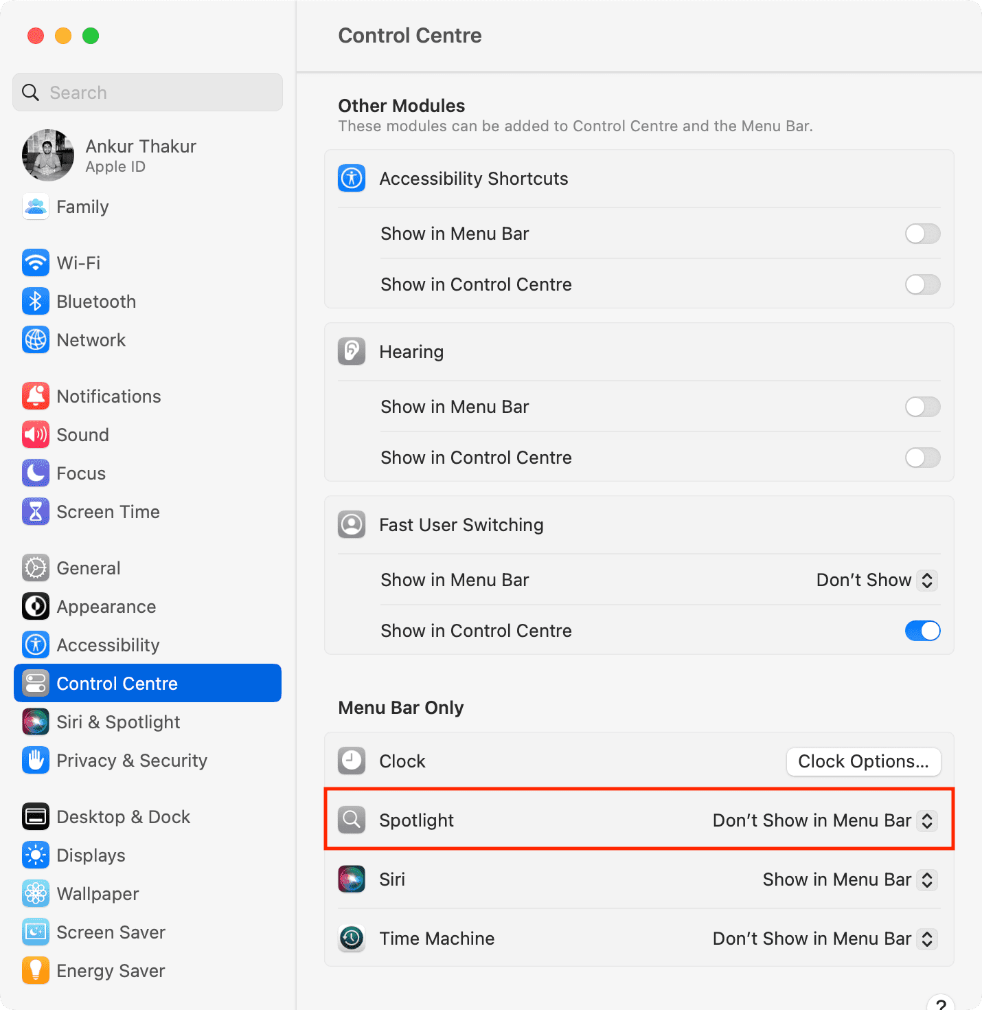 Do not show Spotlight in menu bar using the Control Center settings on Mac