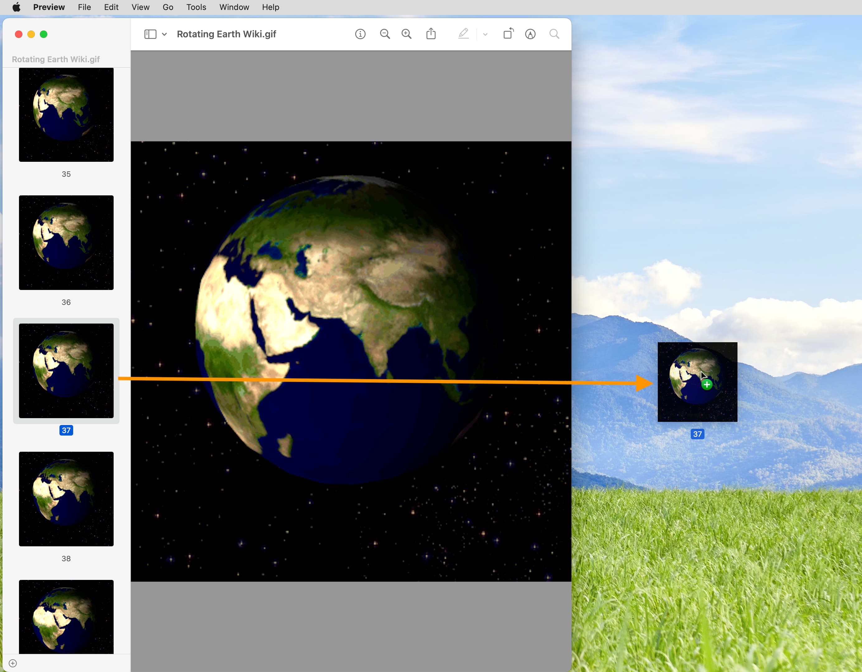 Drag frame of a GIF onto Mac desktop to save it as TIFF file
