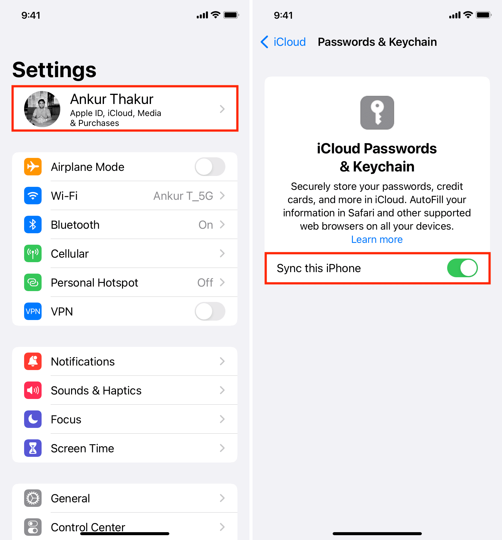 Enable iCloud Keychain sync on iPhone