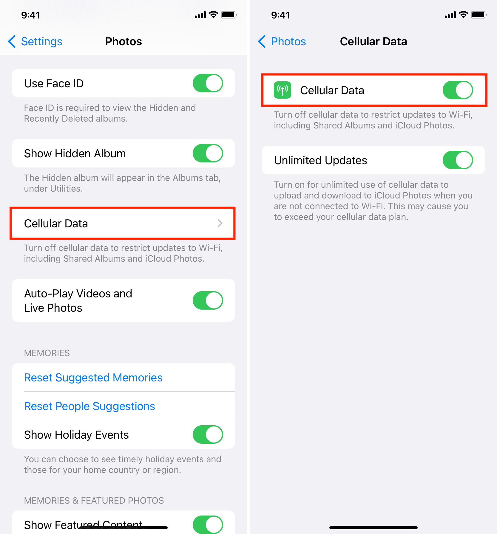 Enable iCloud Photos to work on cellular data on iPhone