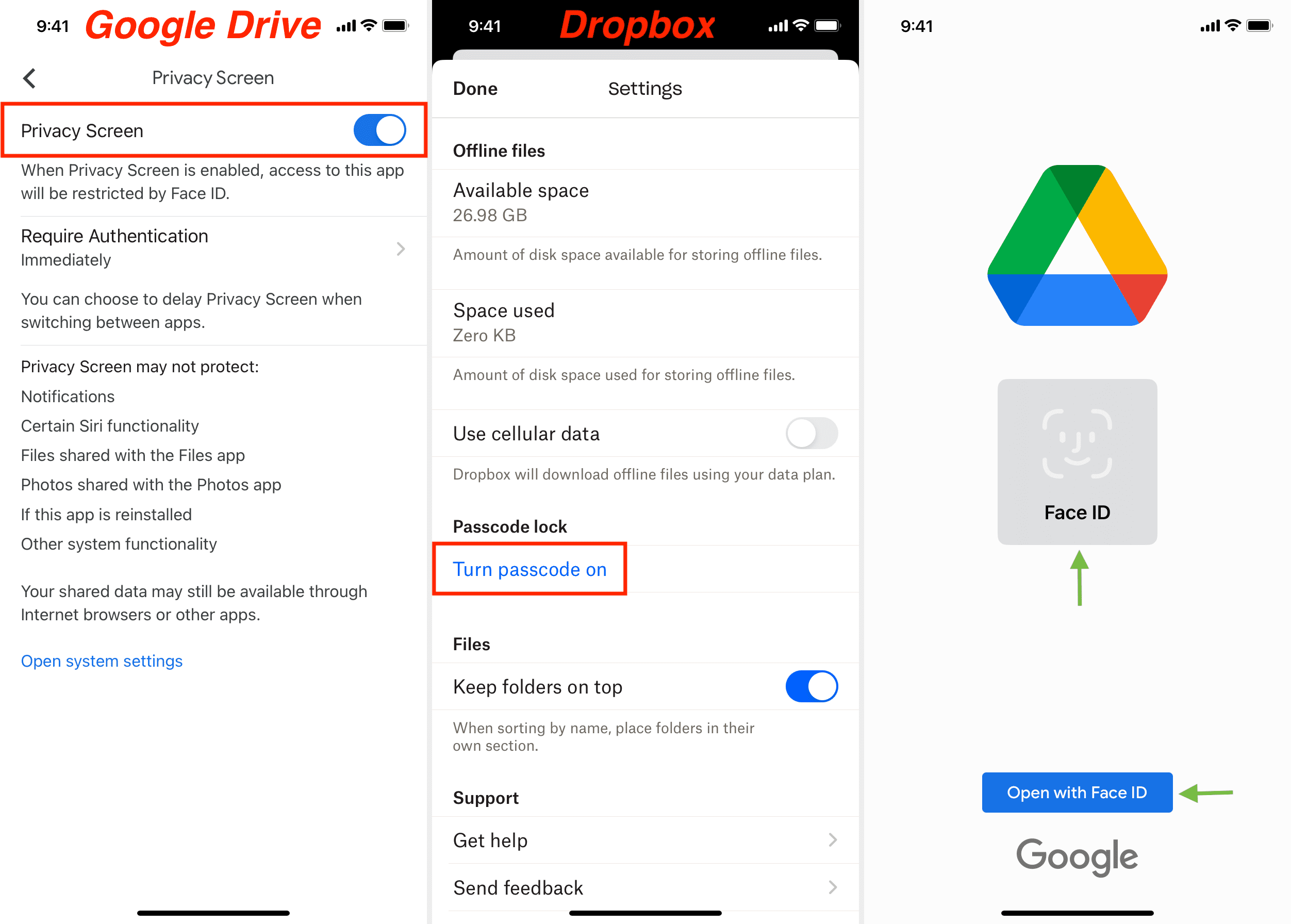 Enable lock for Google Drive and Dropbox on iPhone