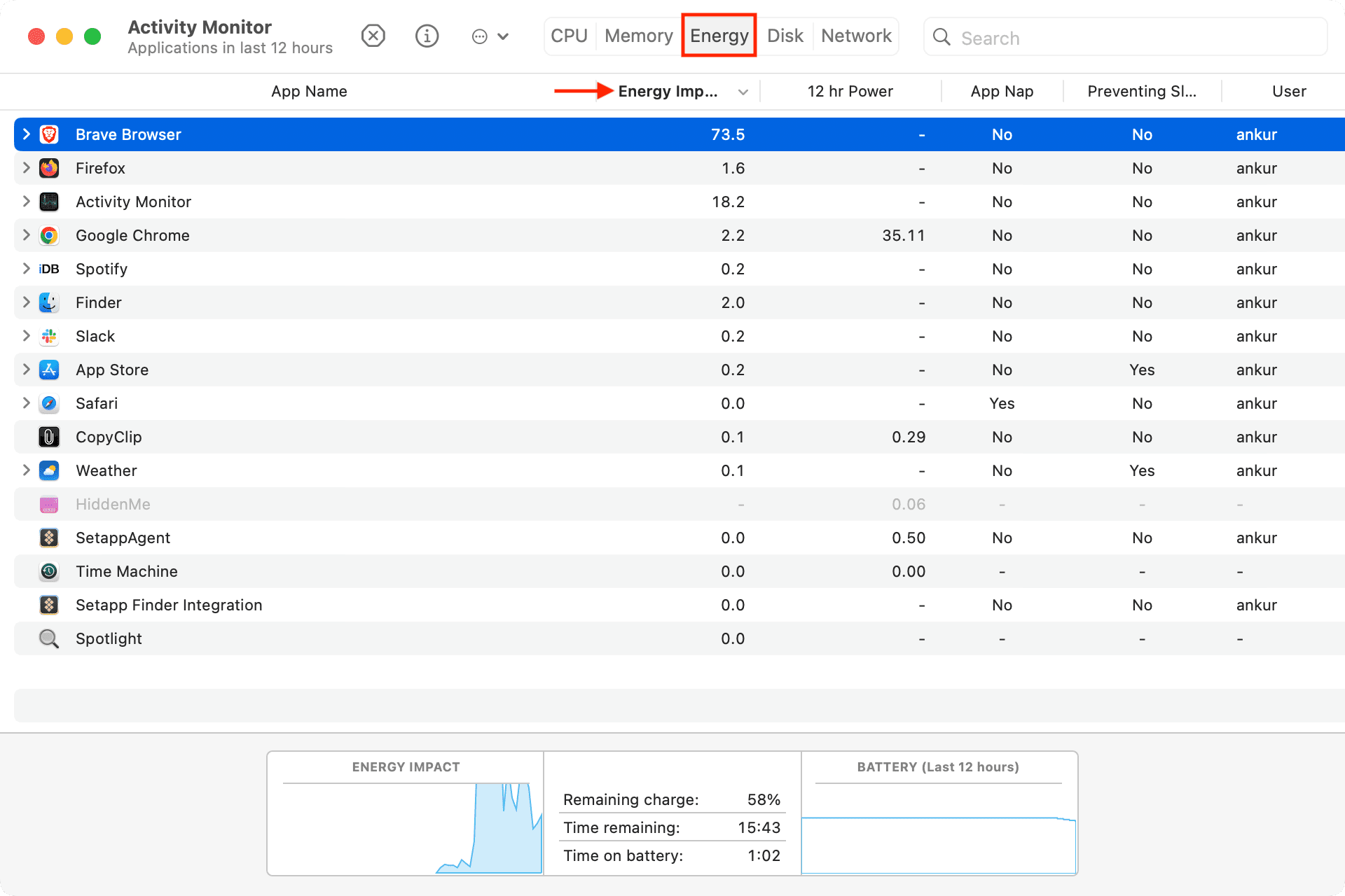 Energy section of Activity Monitor app on Mac
