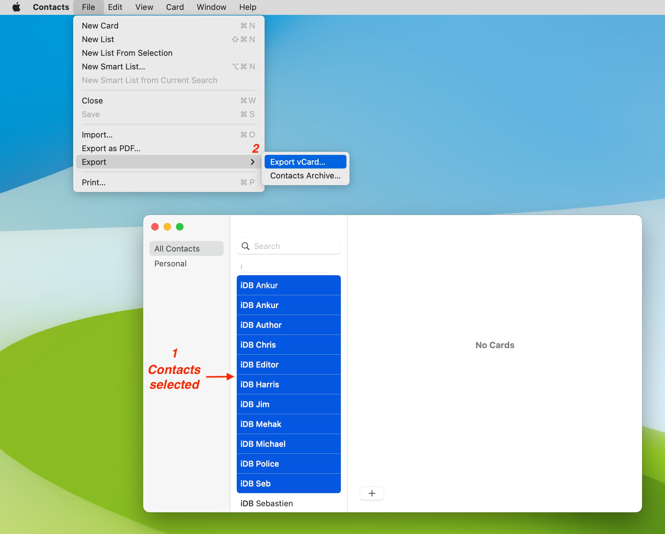 Export selected Mac contacts as vCard