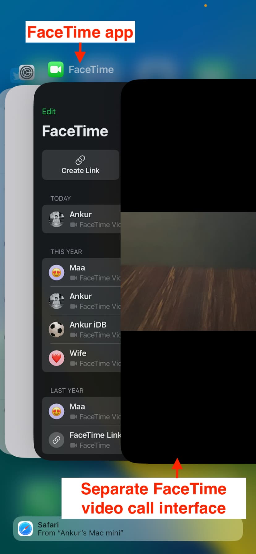 FaceTime app and video call interface in iOS App Switcher