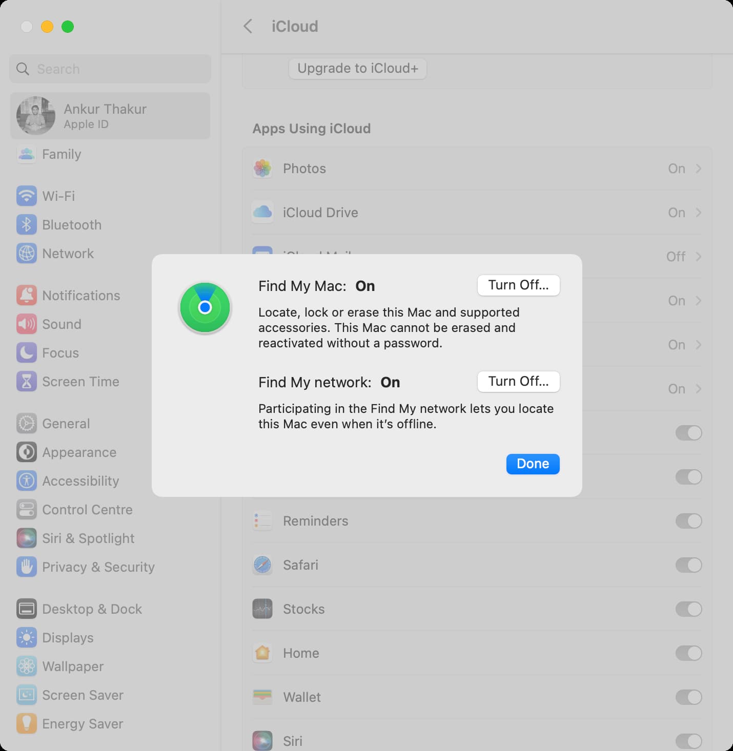 Find My settings on Mac