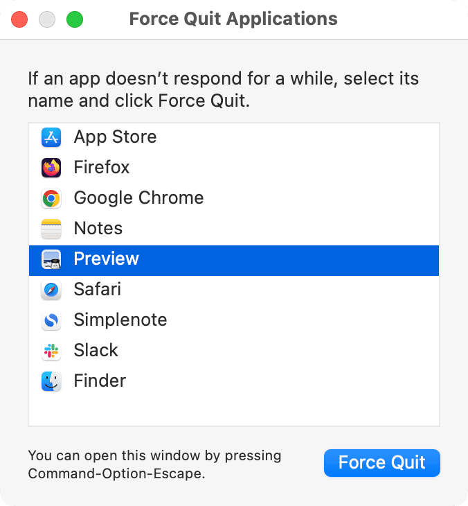 Force Quit Preview app on Mac