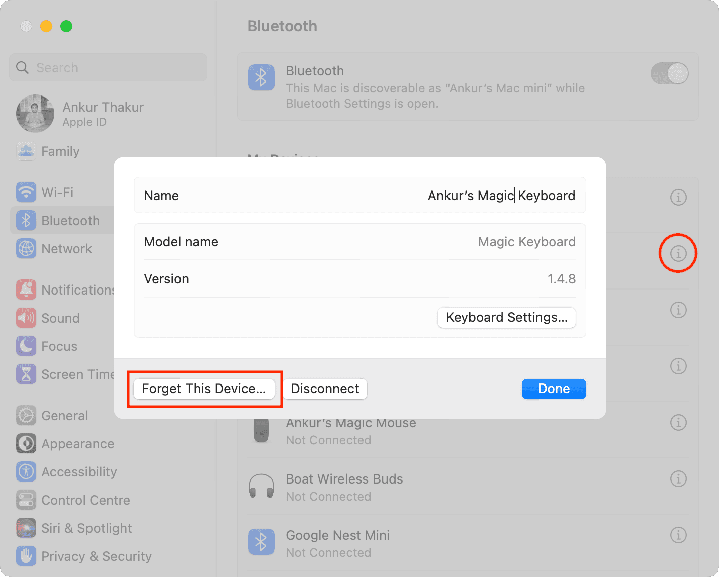 Forget Keyboard in Mac Bluetooth settings