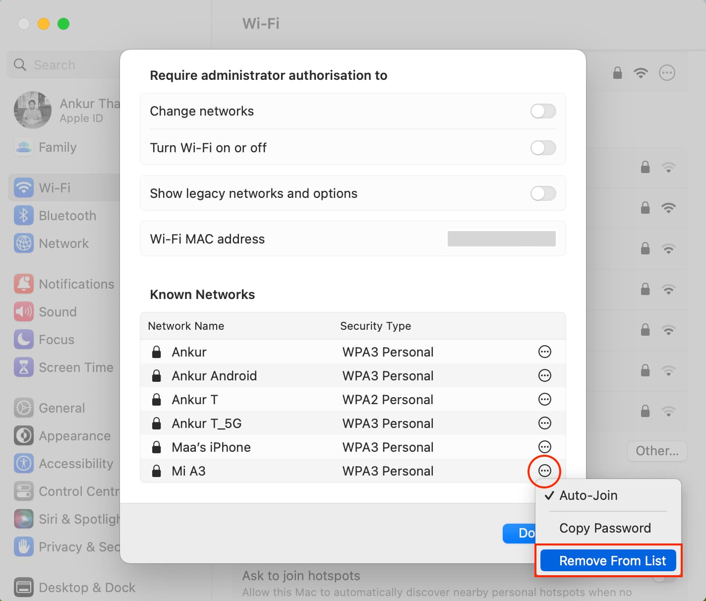 Forget Wi-Fi from Mac setting in macOS Ventura