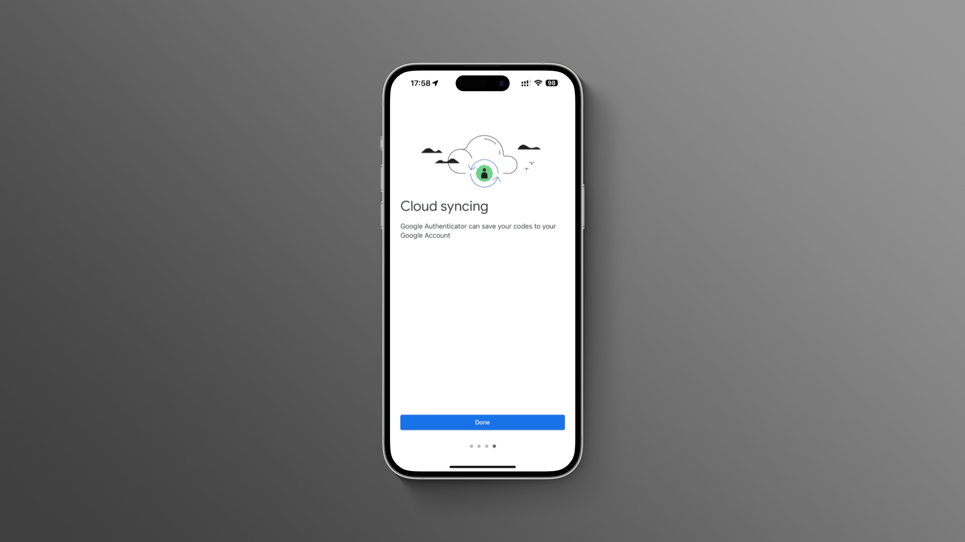 The cloud syncing prompt in Google Authenticator for iPhone