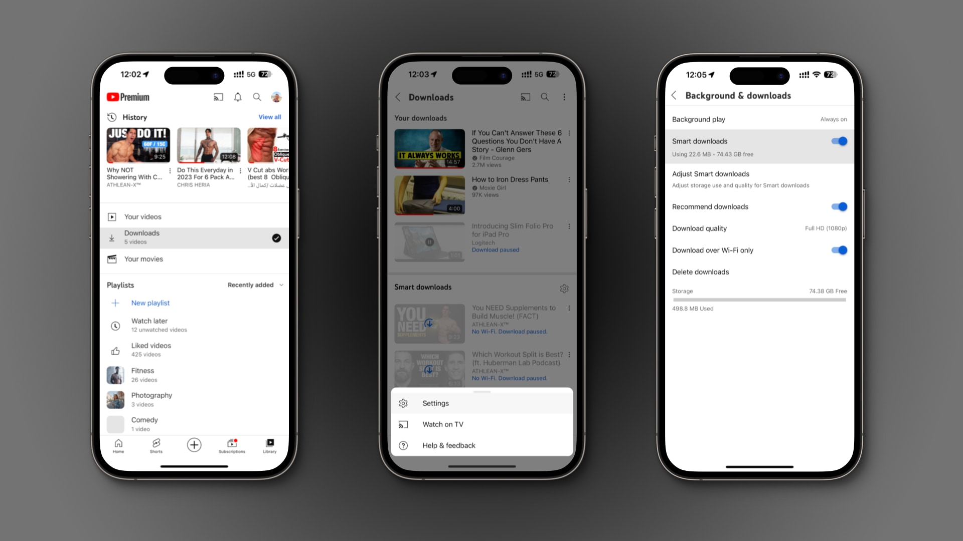 Three iPhone screenshots showing getting to the Smart Downloads settings in the YouTube app