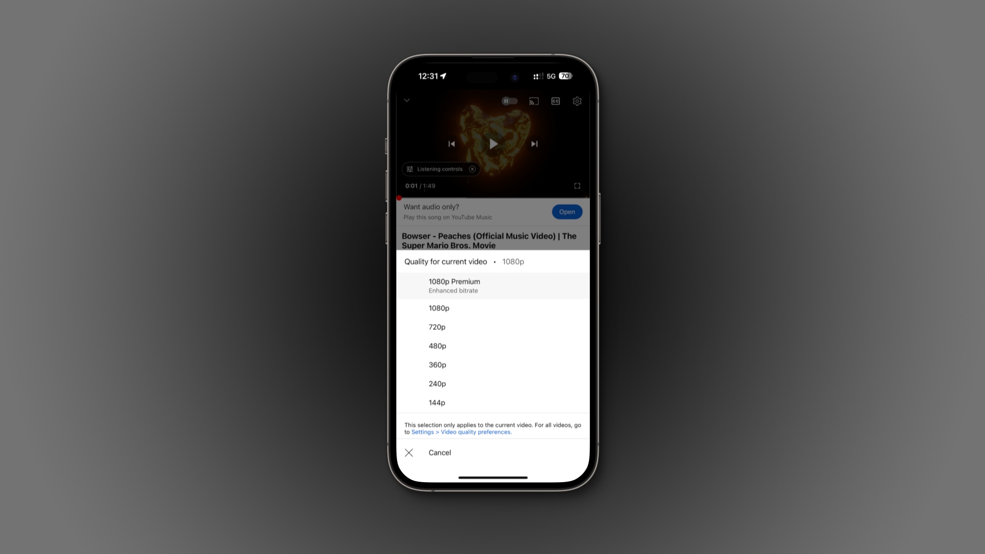Video quality settings in YouTube's iPhone app with the 1080p Premium option selected
