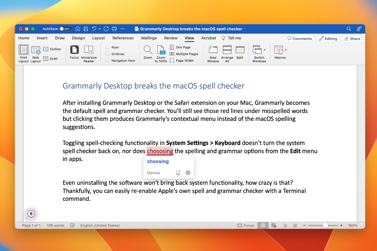 Grammarly Desktop underlining a misspelled word in a Microsoft Office document
