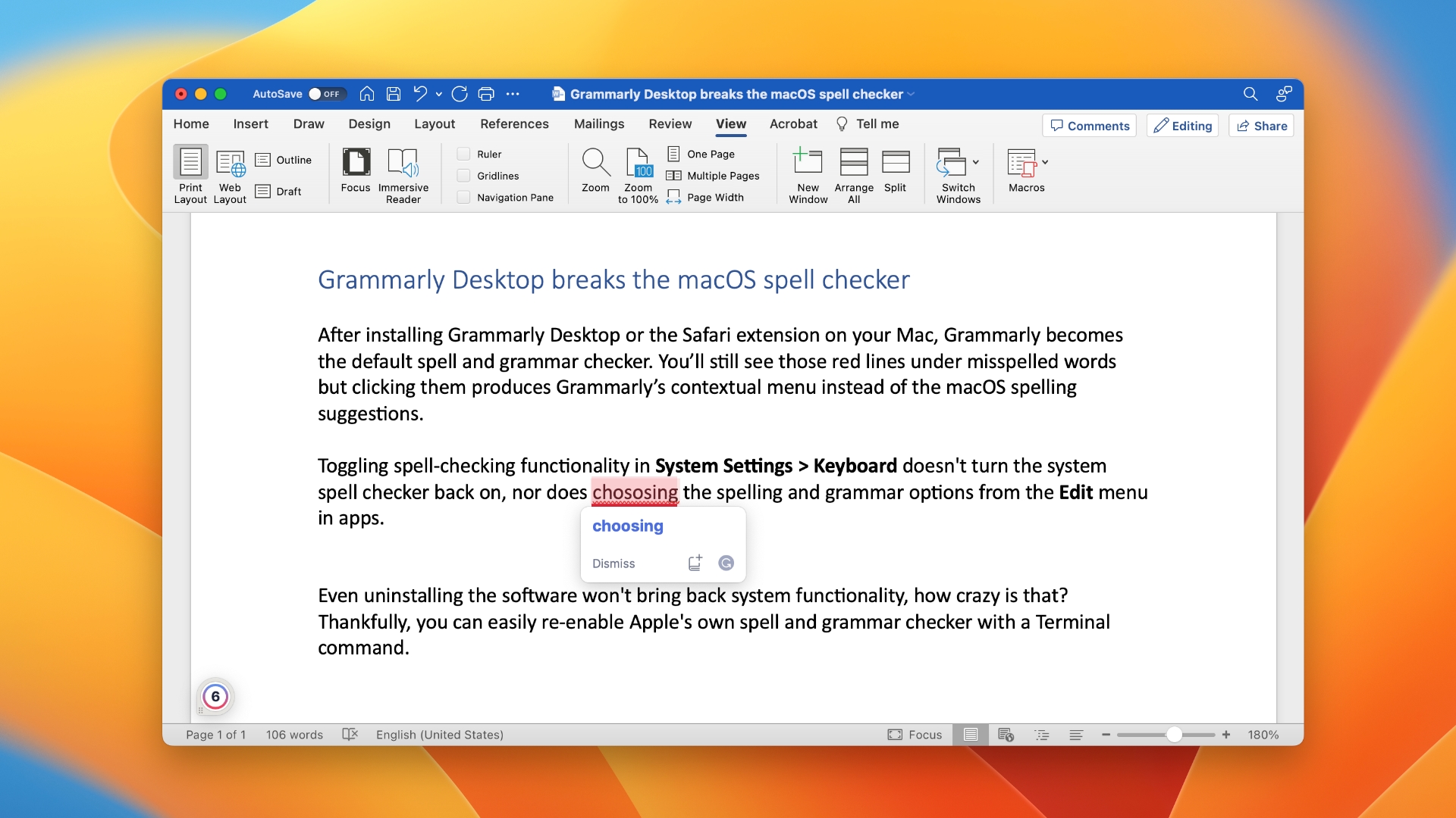 Grammarly Desktop underlining a misspelled word in a Microsoft Office document 