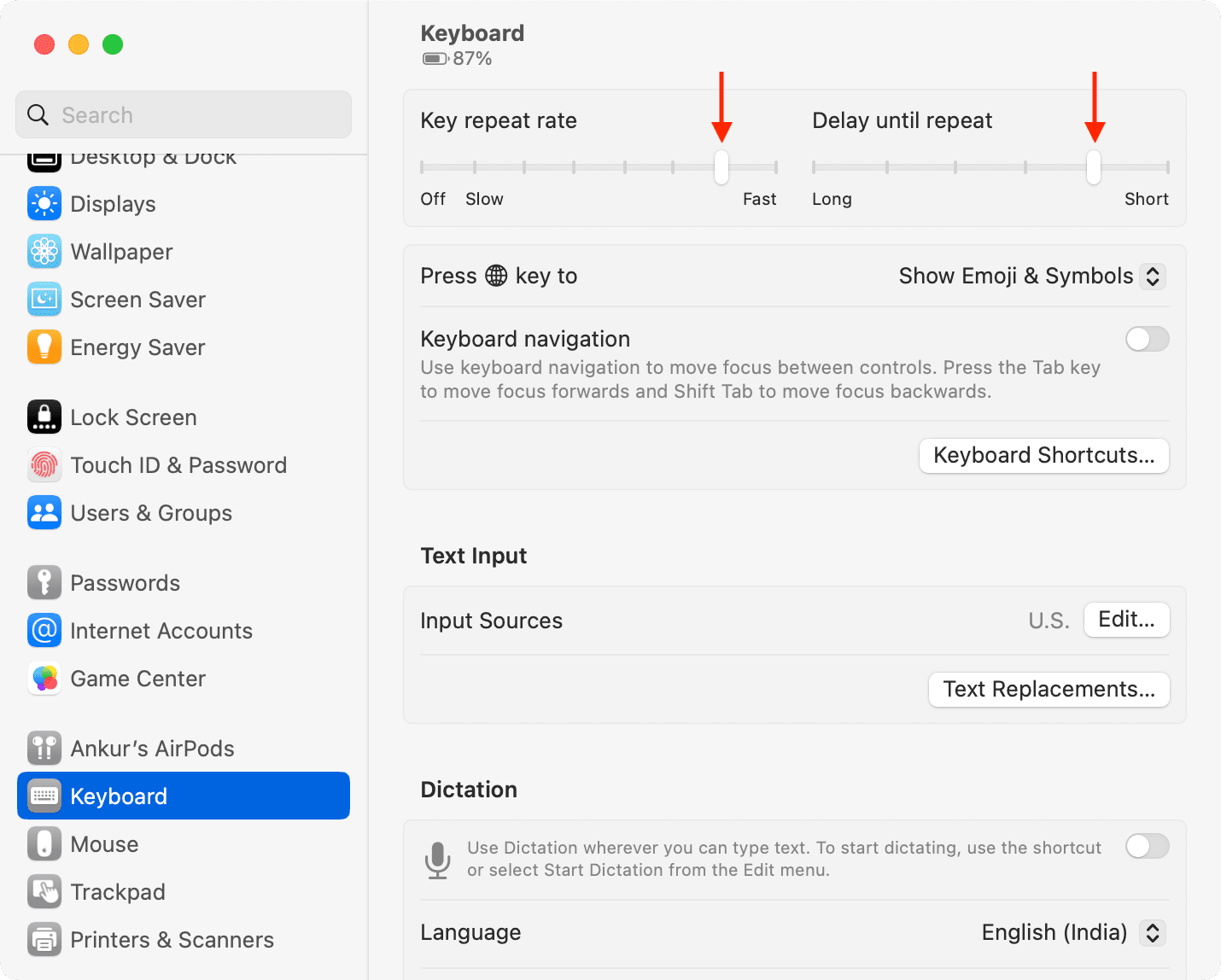 Key repeat rate and Delay until repeat in Keyboard settings on Mac