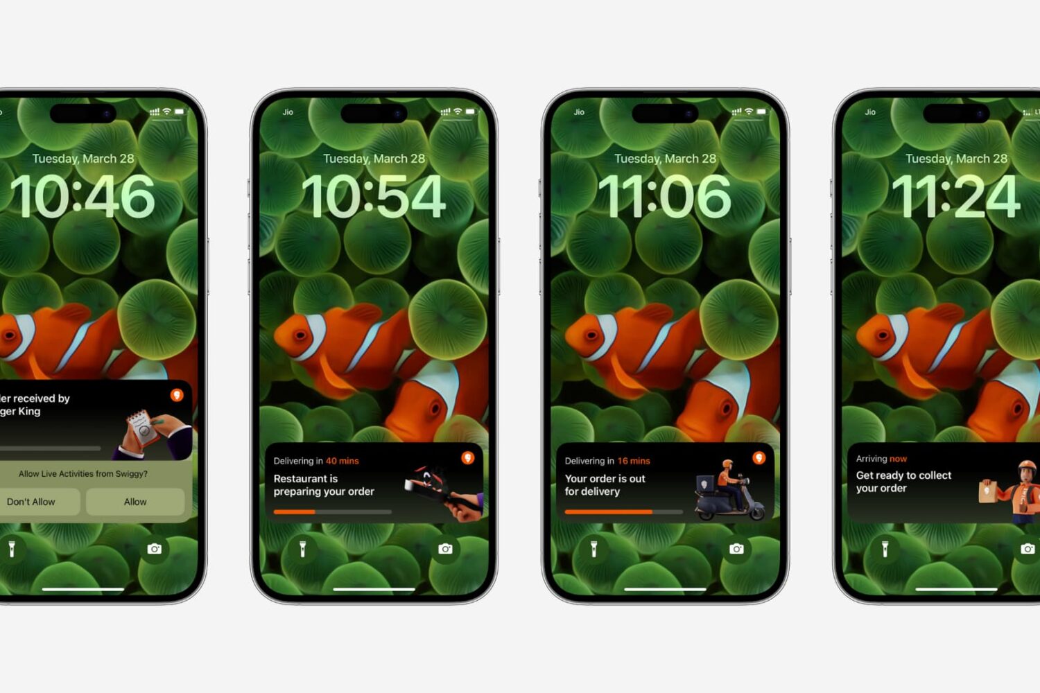 Four iPhone screenshot mockups showing Live Activities in action on the Lock Screen